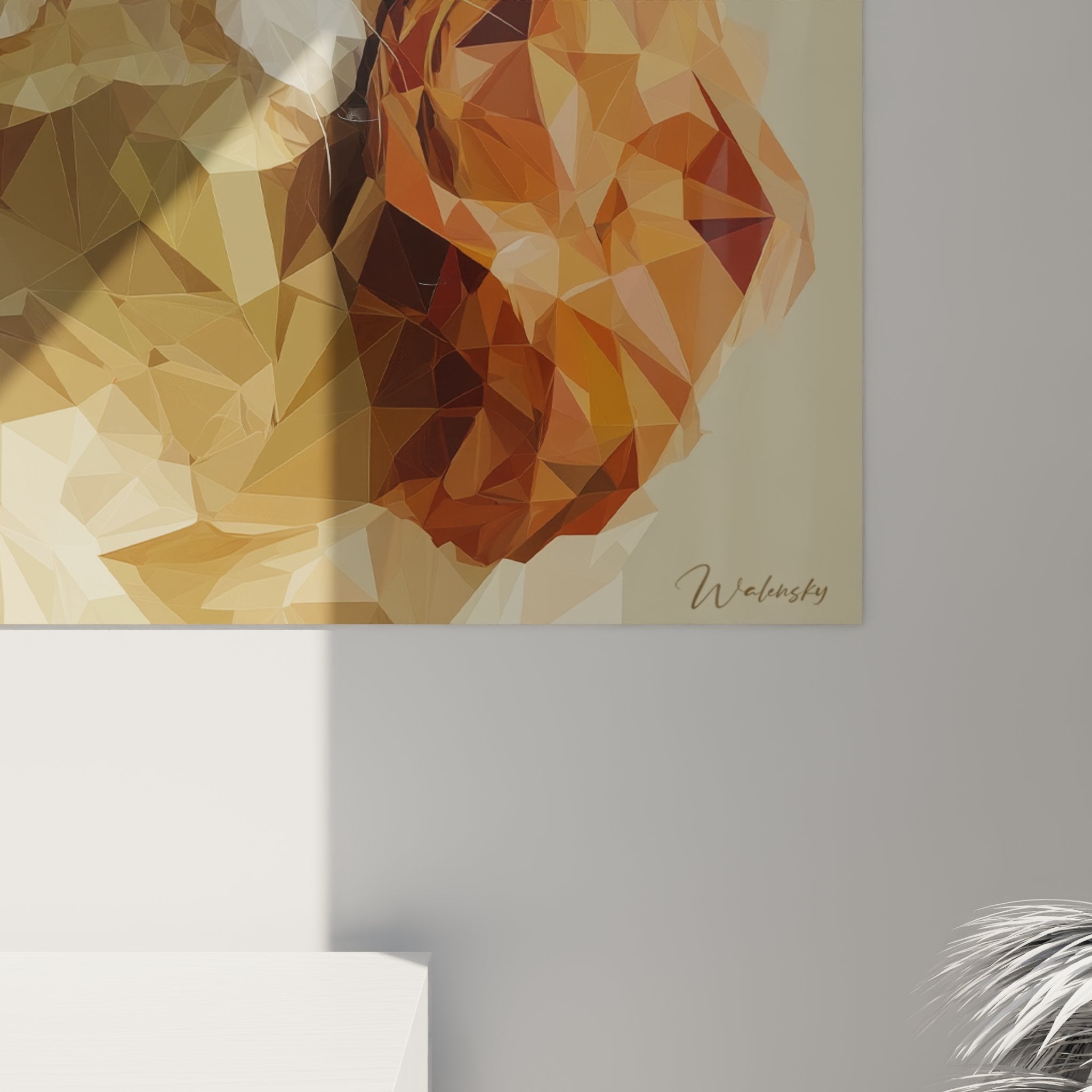 Vue d'ensemble du tableau Cavalier King Charles polygonal dans un intérieur contemporain aux tons neutres