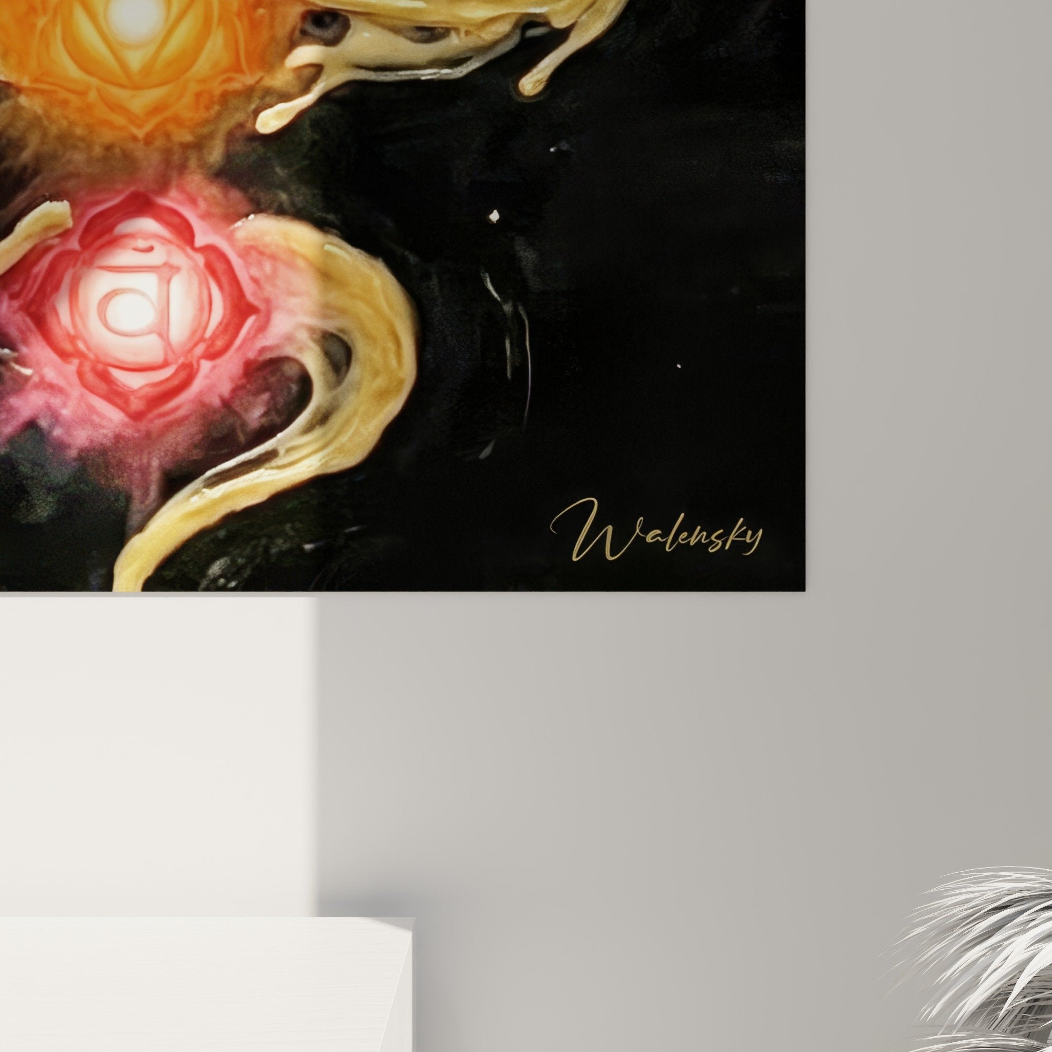 Übersicht Chakra-Gemälde goldene mystische Spirale spirituelle Kunst farbenfrohe dekorative Wandkunst