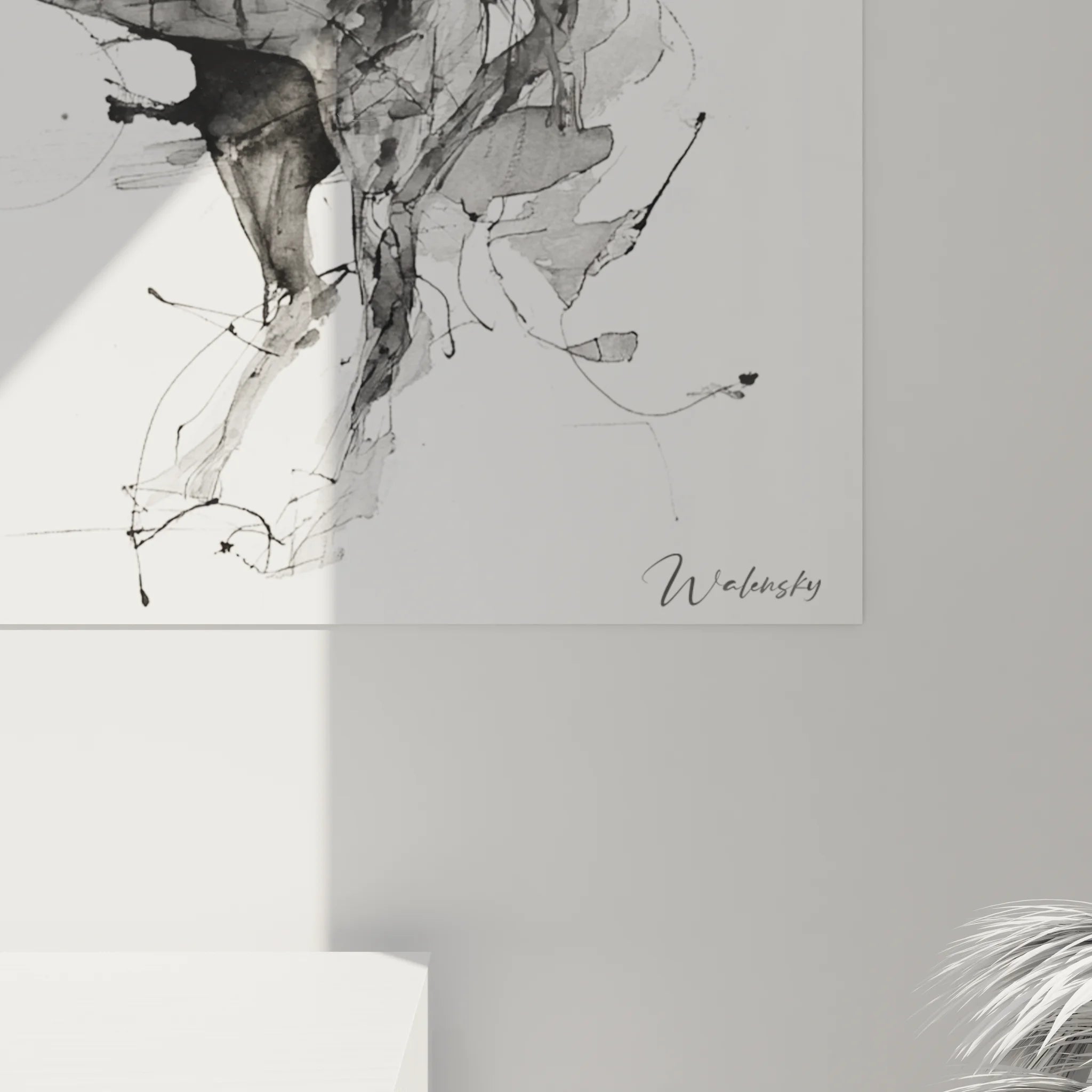 Vue ensemble tableau cheval cabré noir et blanc, œuvre art animalier moderne Walensky