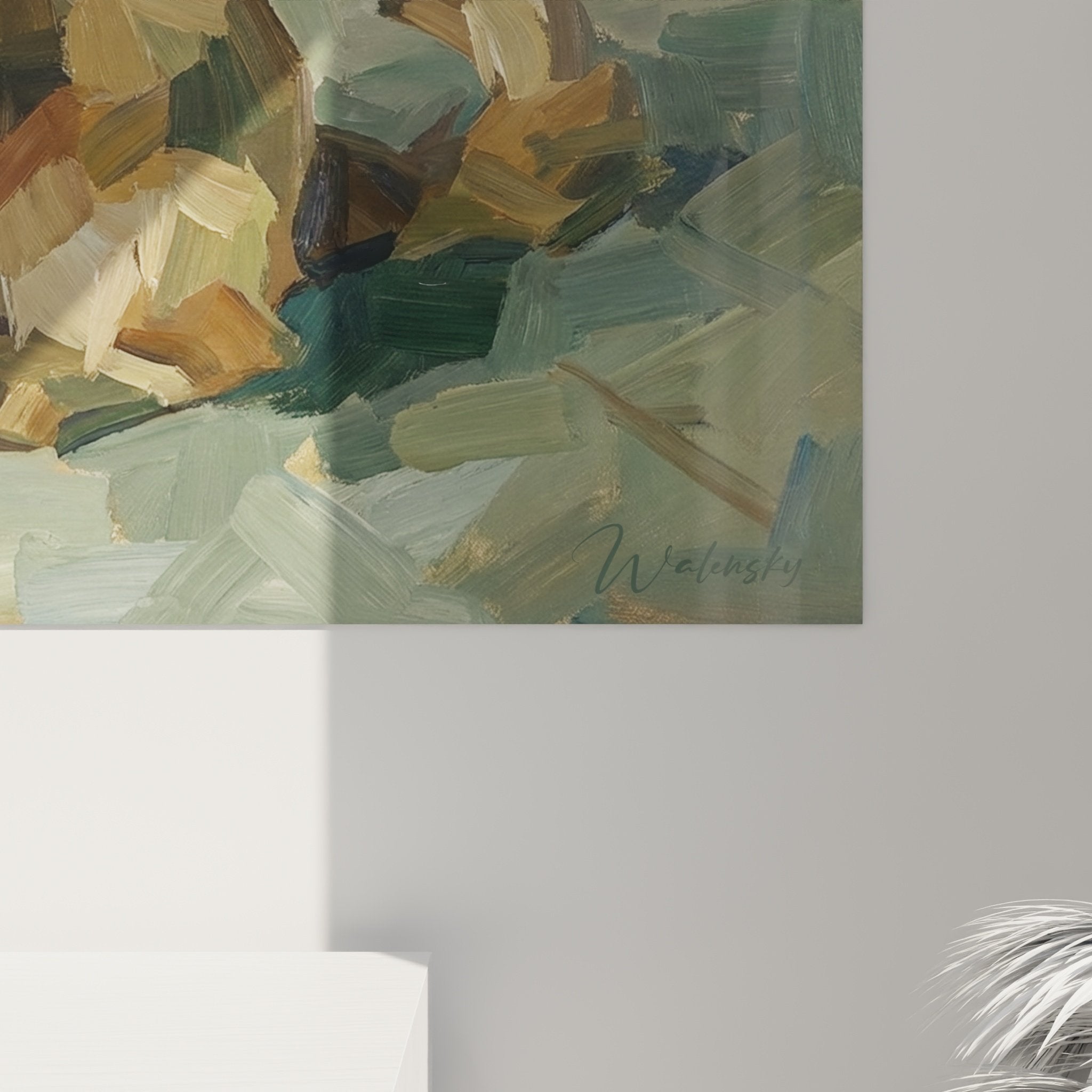Overview of the Shih Tzu portrait painting, modern artwork with earth tones and greens