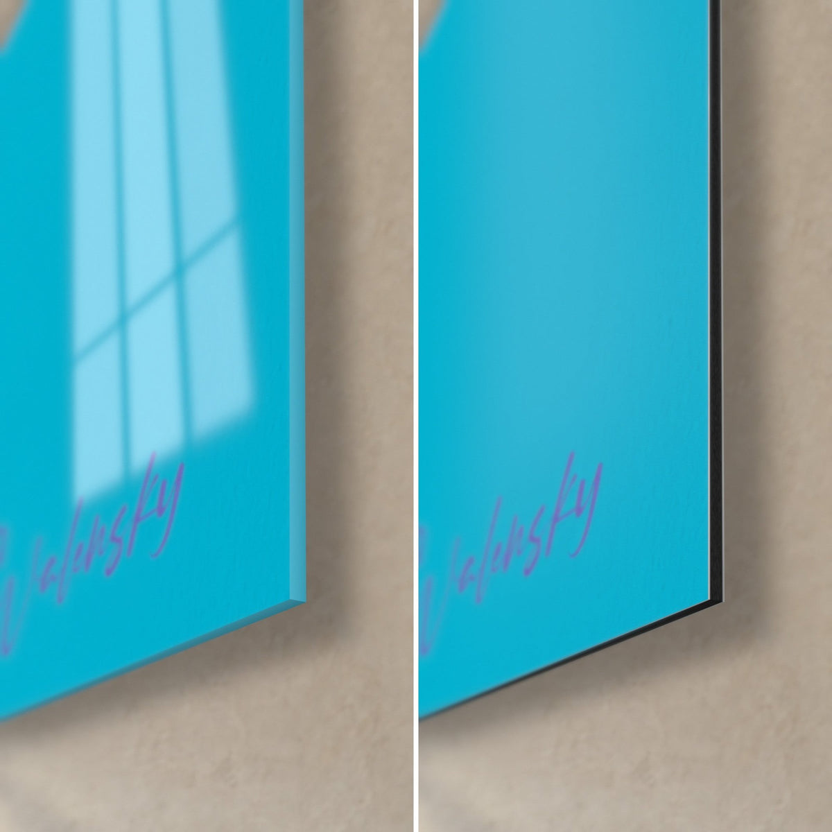 Wall art pointer with violet reflections, bottom right corner: glossy acrylic glass on the left, matte Dibond aluminium on the right, black edge