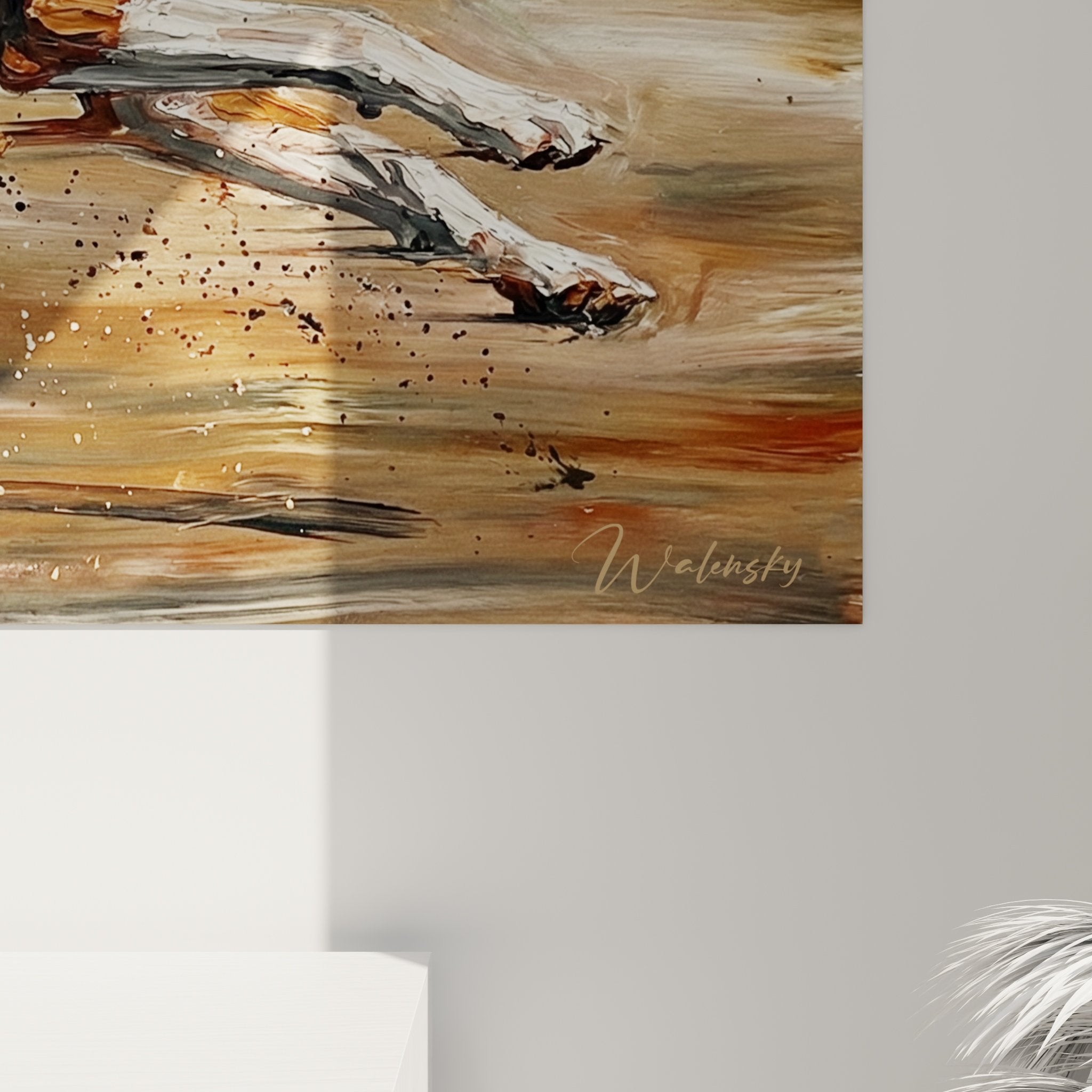 Vista d'insieme quadro cane basenji dinamico decorazione murale arte canina moderna toni terrosi caldi
