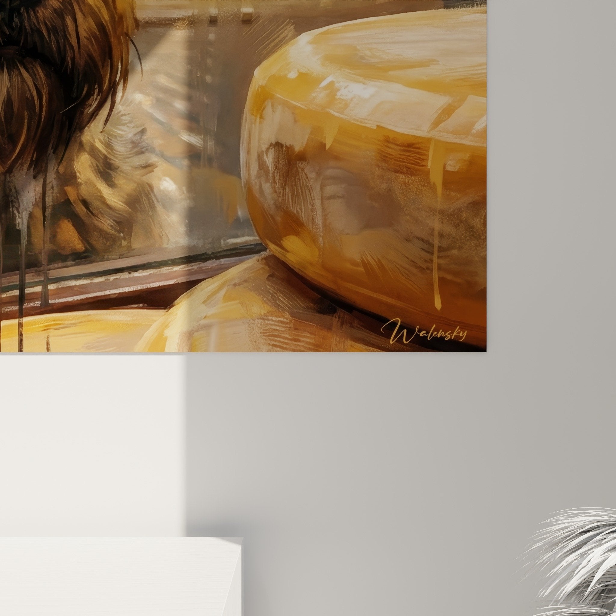 Vue d'ensemble tableau mural Bouvier des Flandres, effet artistique flou, palette terre de Sienne et ocre