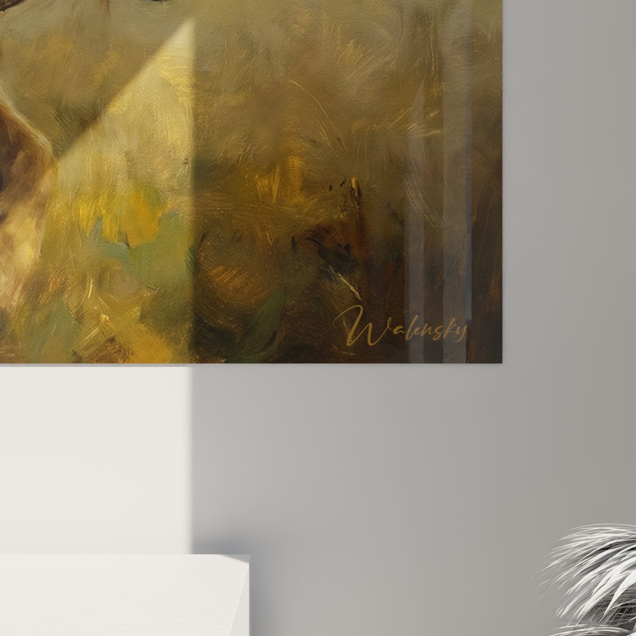 Vista d'insieme quadro cane caccia golden retriever fagiano decorazione interiore toni caldi