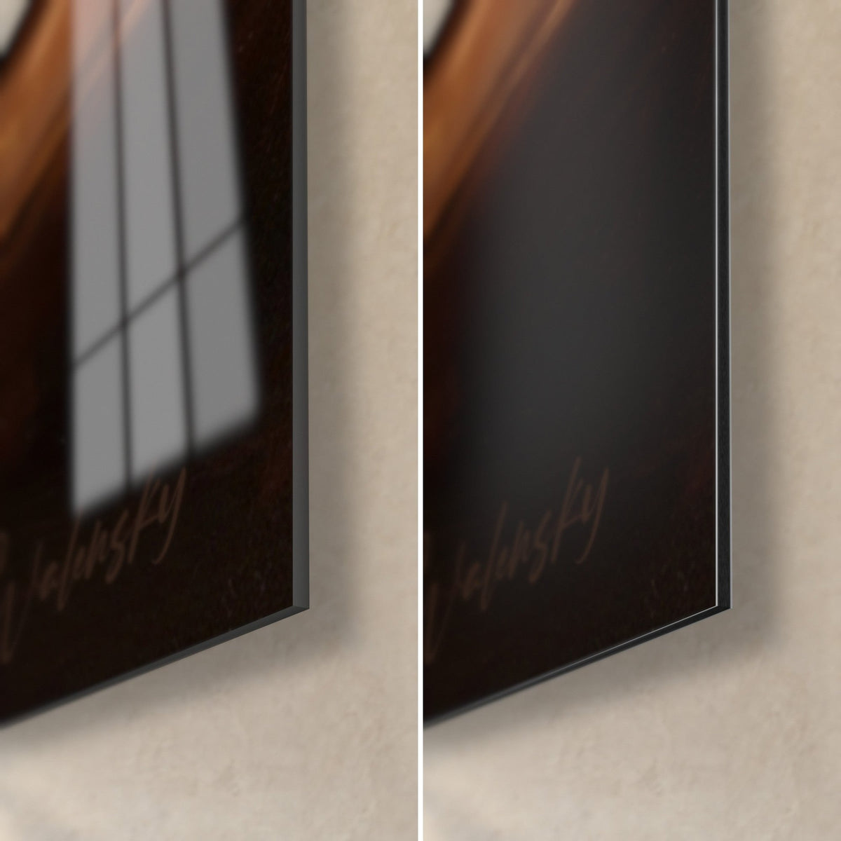 Schilderij rode hond slapend, rechtsonder hoek van glanzend glas met raamreflecties en matzwart Dibond-aluminium, 3 mm dik