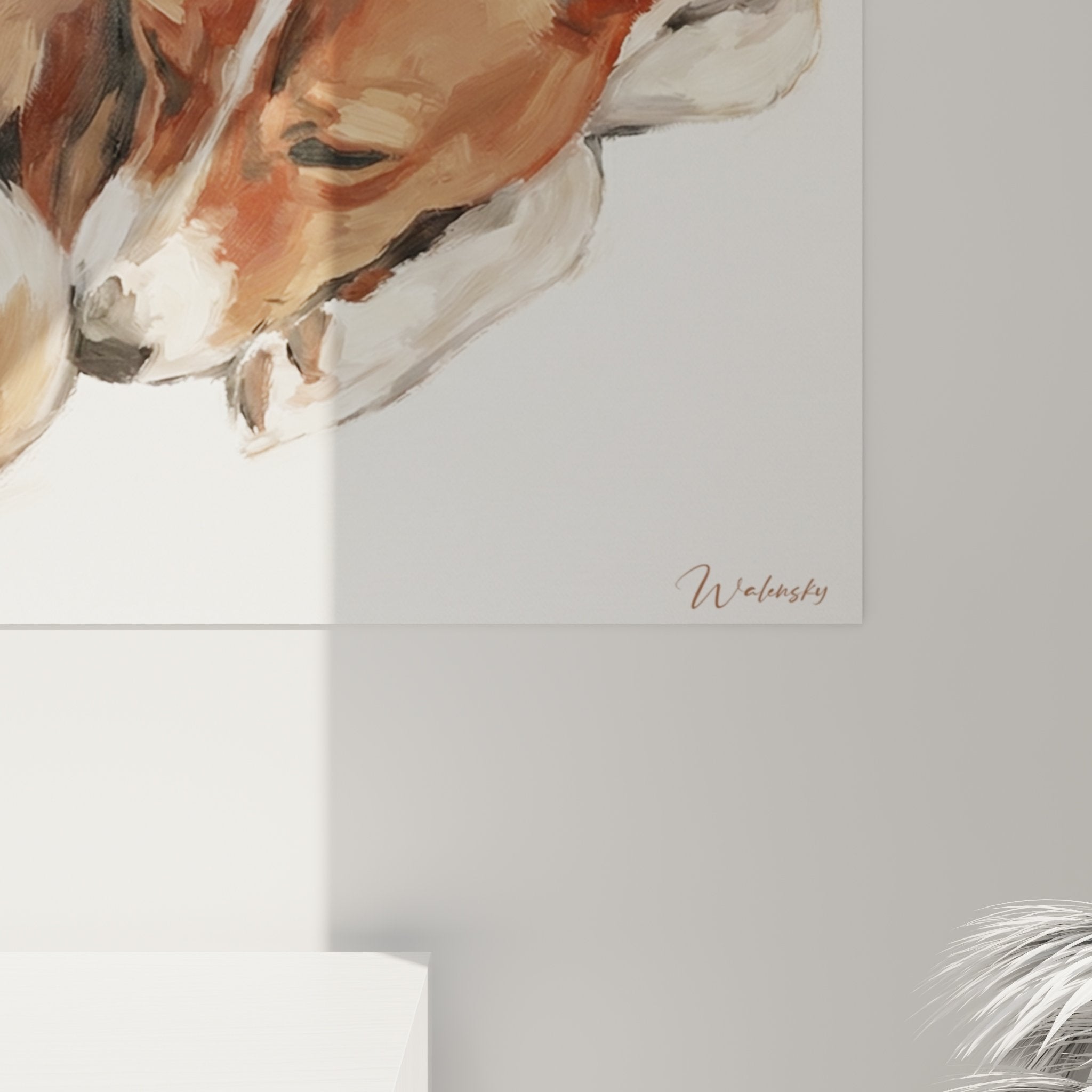 Vue ensemble tableau chien endormi decoration murale style pictural tons naturels