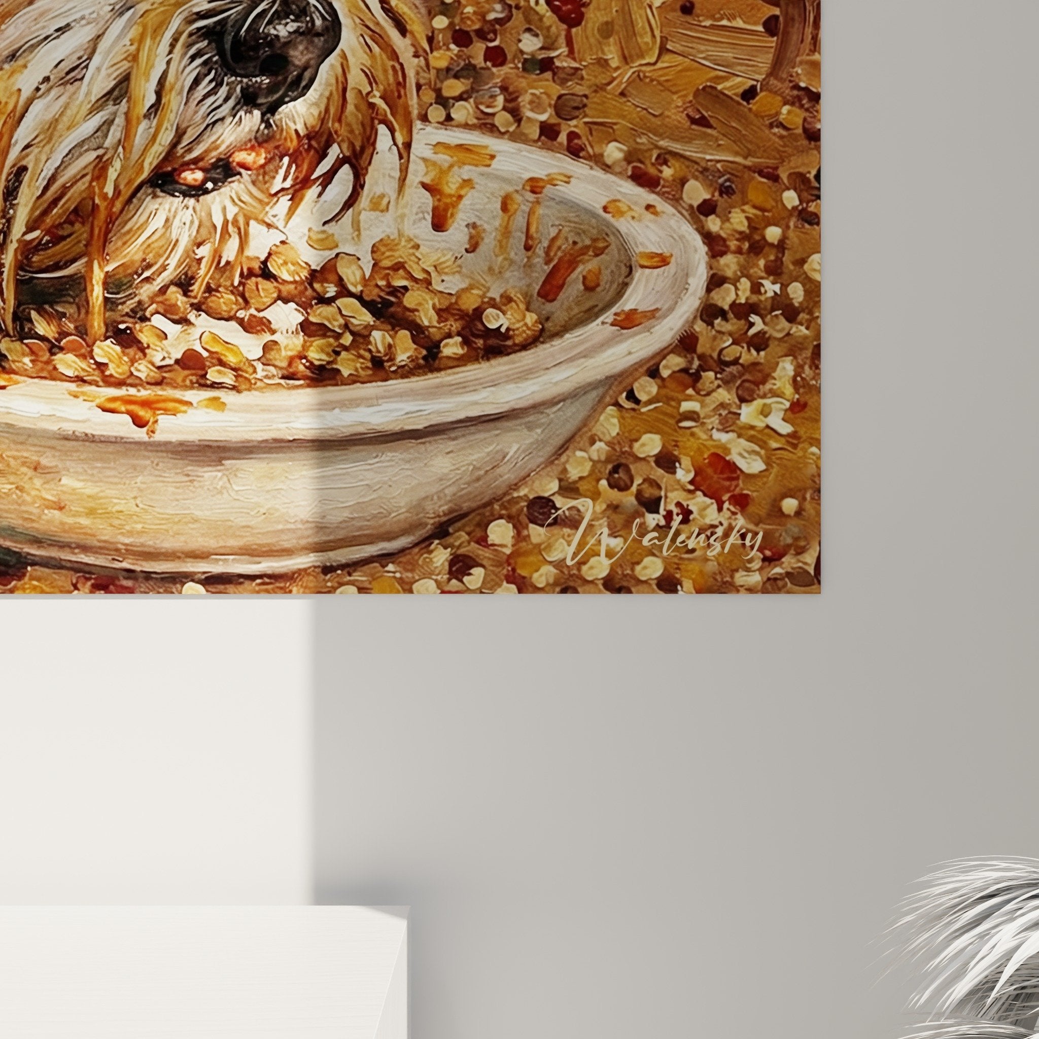 Vue d'ensemble tableau mural Lhassa Apso se régalant, ambiance dorée et chaleureuse pour intérieur cosy