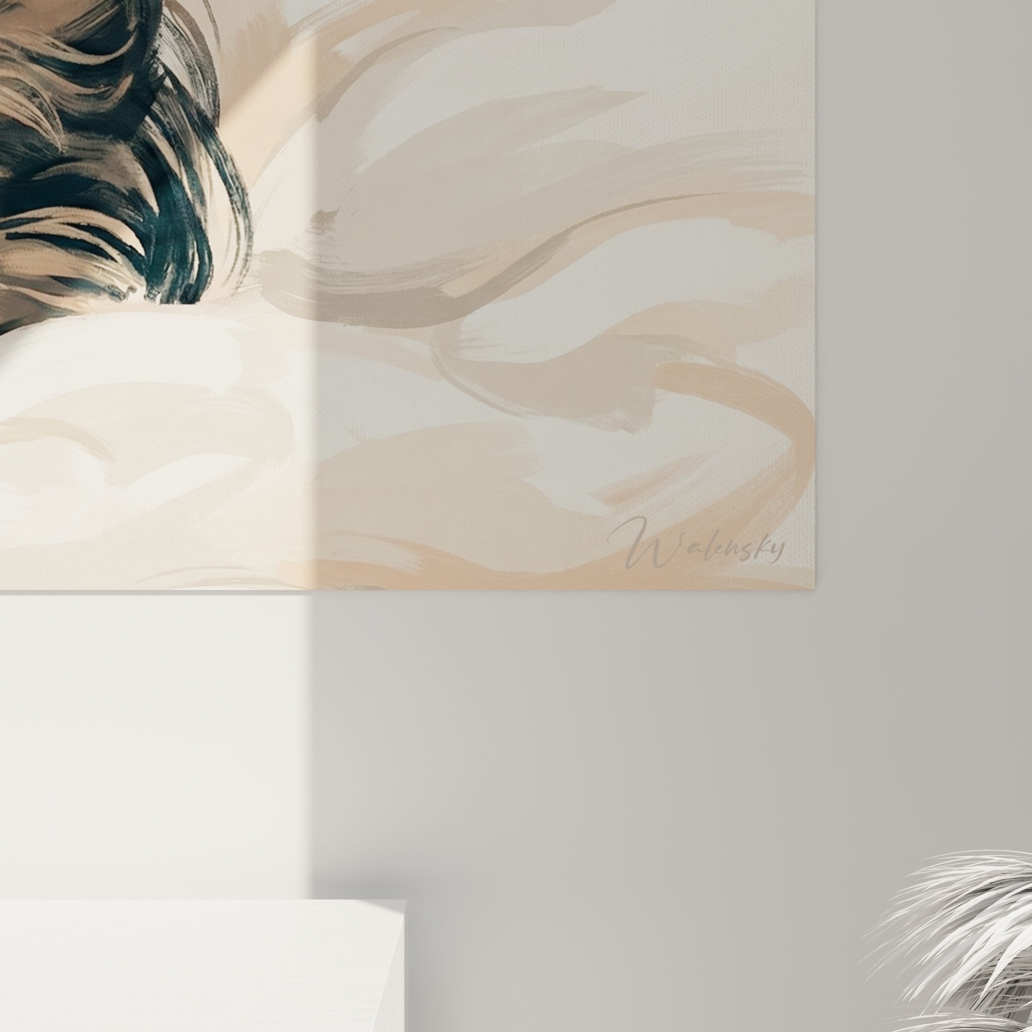 Vue d'ensemble tableau chien papillon format panoramique, integration deco murale tons neutres