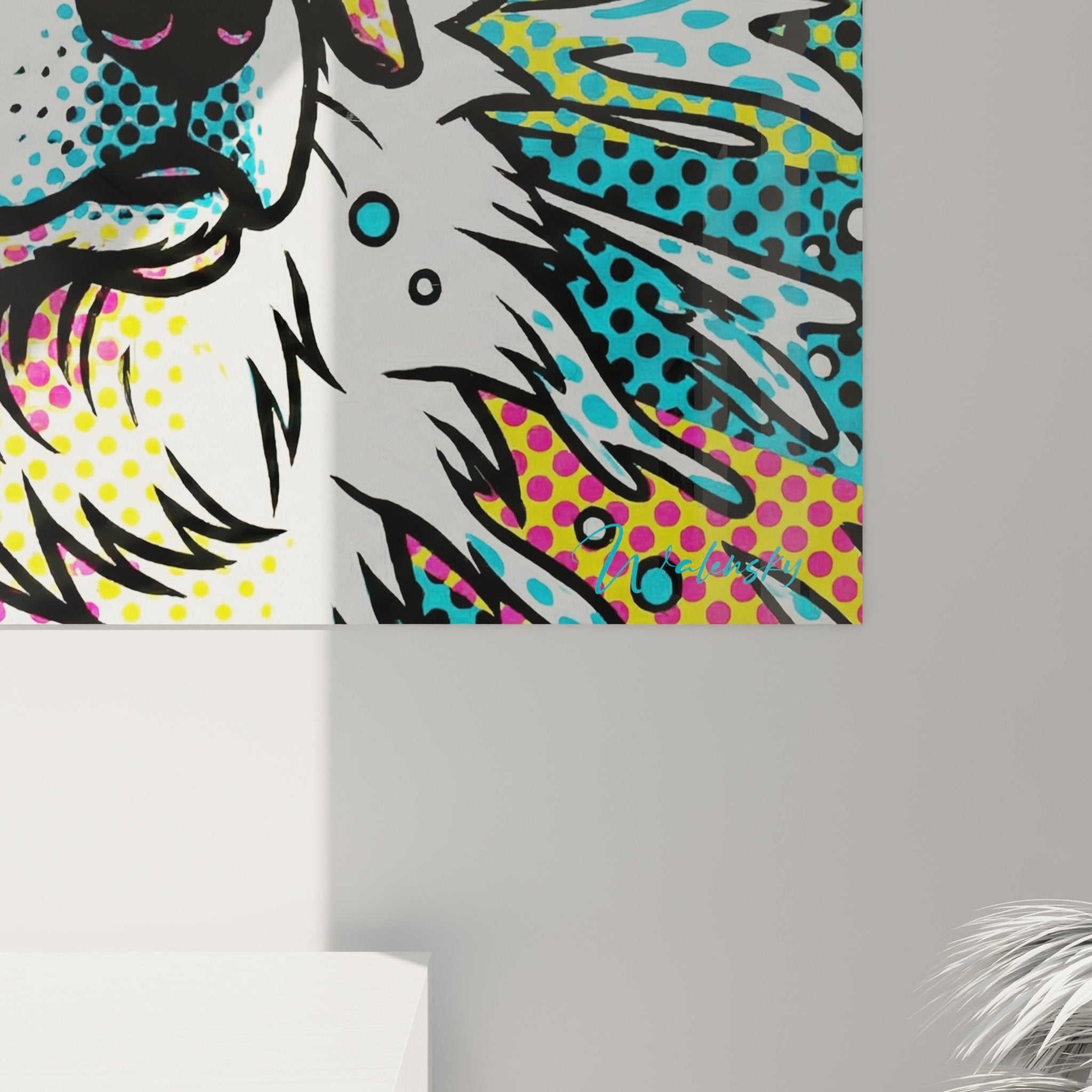 Gesamtansicht Pop-Art Hundetableau mehrfarbig moderne Inneneinrichtung Wohnzimmer zeitgenössisch