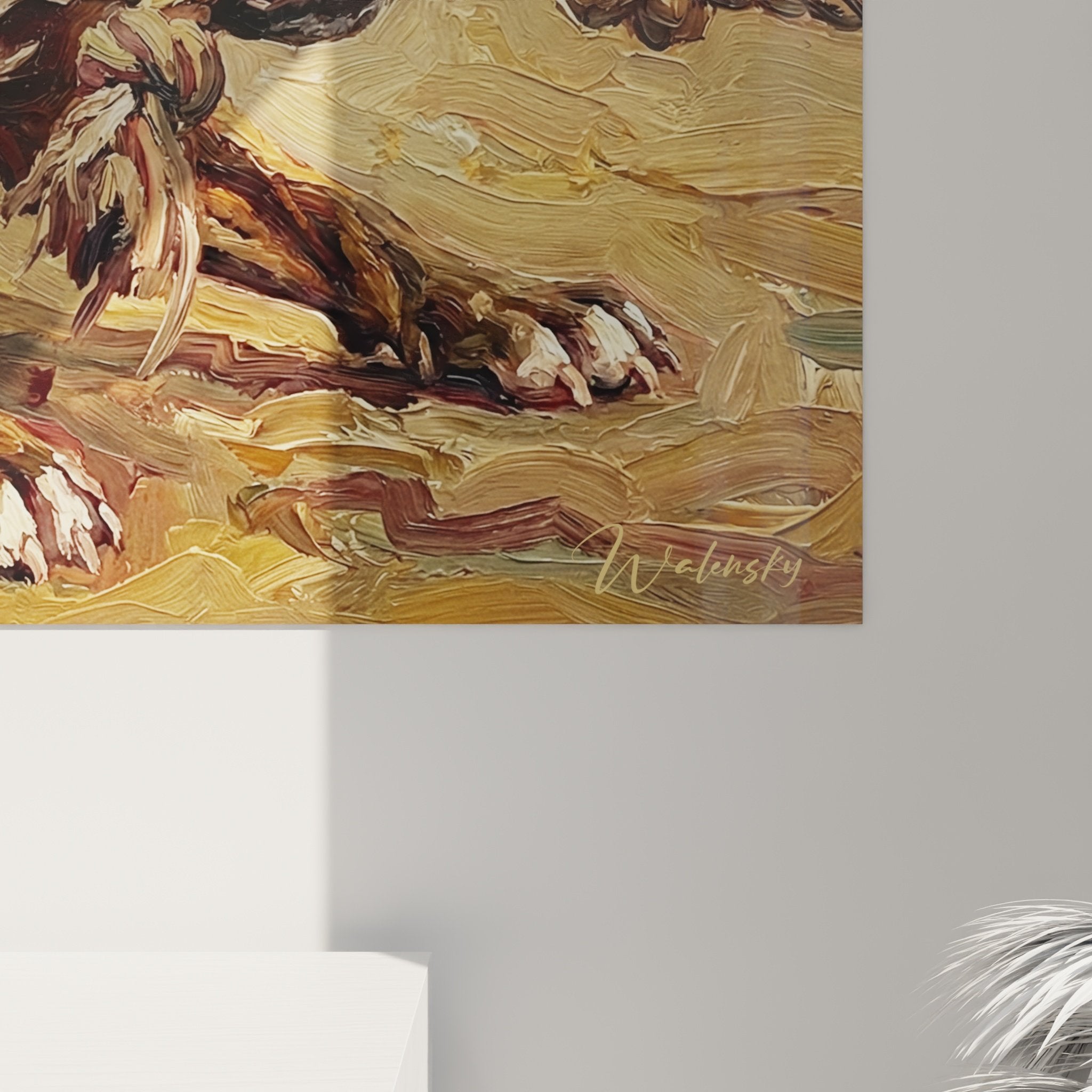 Veduta d'insieme quadro Staffordshire Bull Terrier con corda, composizione artistica tonalità ocra e marrone