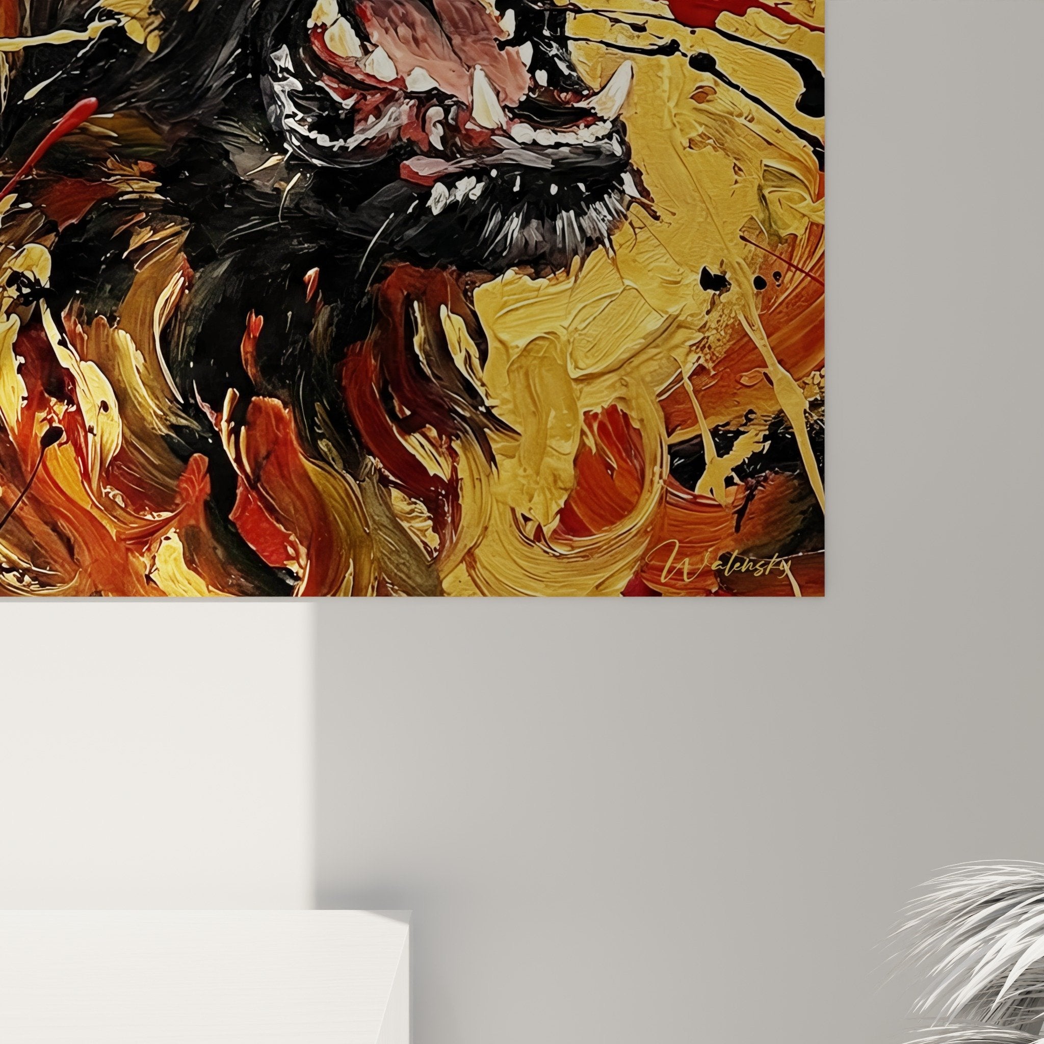 Vista generale quadro Bouvier delle Fiandre toni autunnali, opera d'arte murale formato quadrato