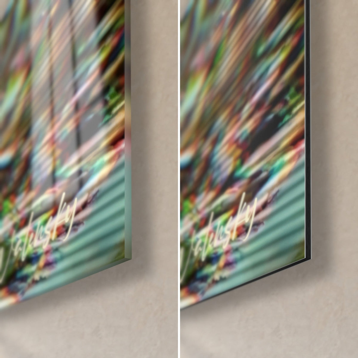 Gemälde eines rennenden Affen, untere rechte Ecke: glänzendes Acrylglas mit grünen Reflexen und mattes schwarzes Alu-Dibond, 3 mm Kante