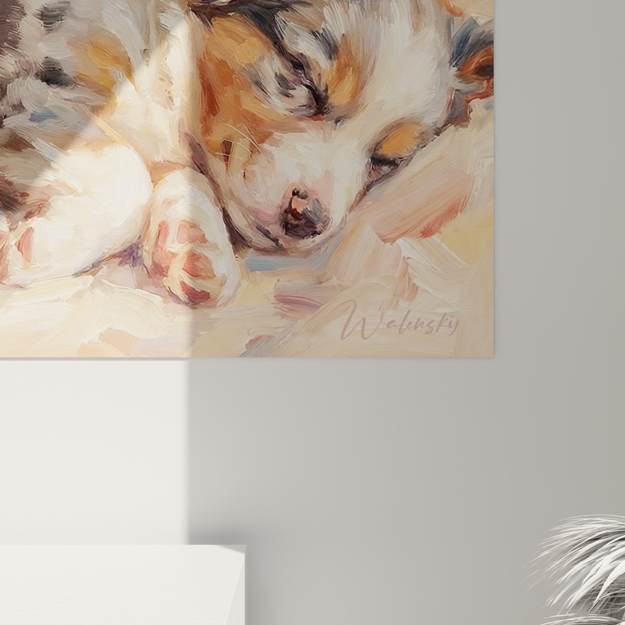 Gemälde schlafende Miniatur-Amerikanische Schäferhunde Innendekoration Landhausstil chic