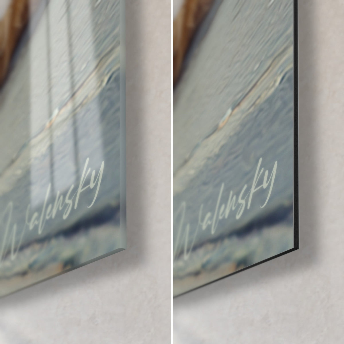 Wall art of a red dog portrait, bottom right corner: glossy acrylic glass on the left, matte Dibond aluminium on the right, 3 mm edge visible