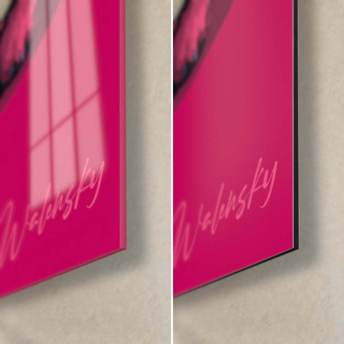 Schilderij hondenportret in frambozenroze van Walensky, rechtsonder hoek van glanzend glas dat het raam weerspiegelt en mat zwart Dibond