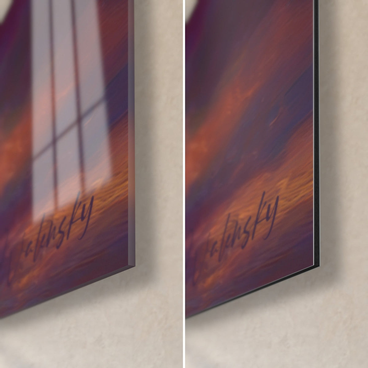 Tableau éclair sur ciel pourpre et orangé, coin bas droit, verre acrylique brillant et alu Dibond mat, tranche 3 mm