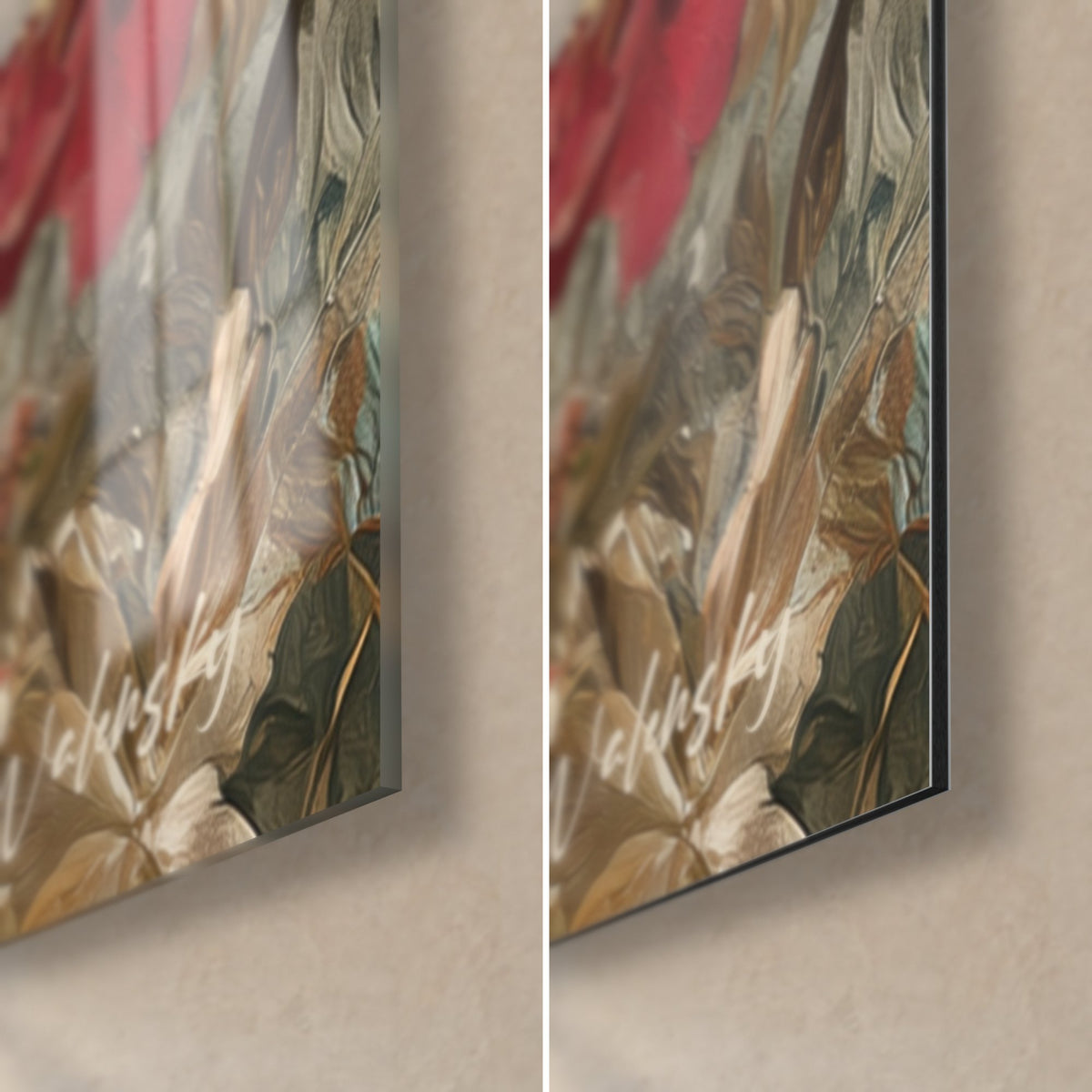 Wall art of a golden spaniel with sage and ivory petals, glossy glass corner bottom left, matte black Dibond and 3 mm edge on the right