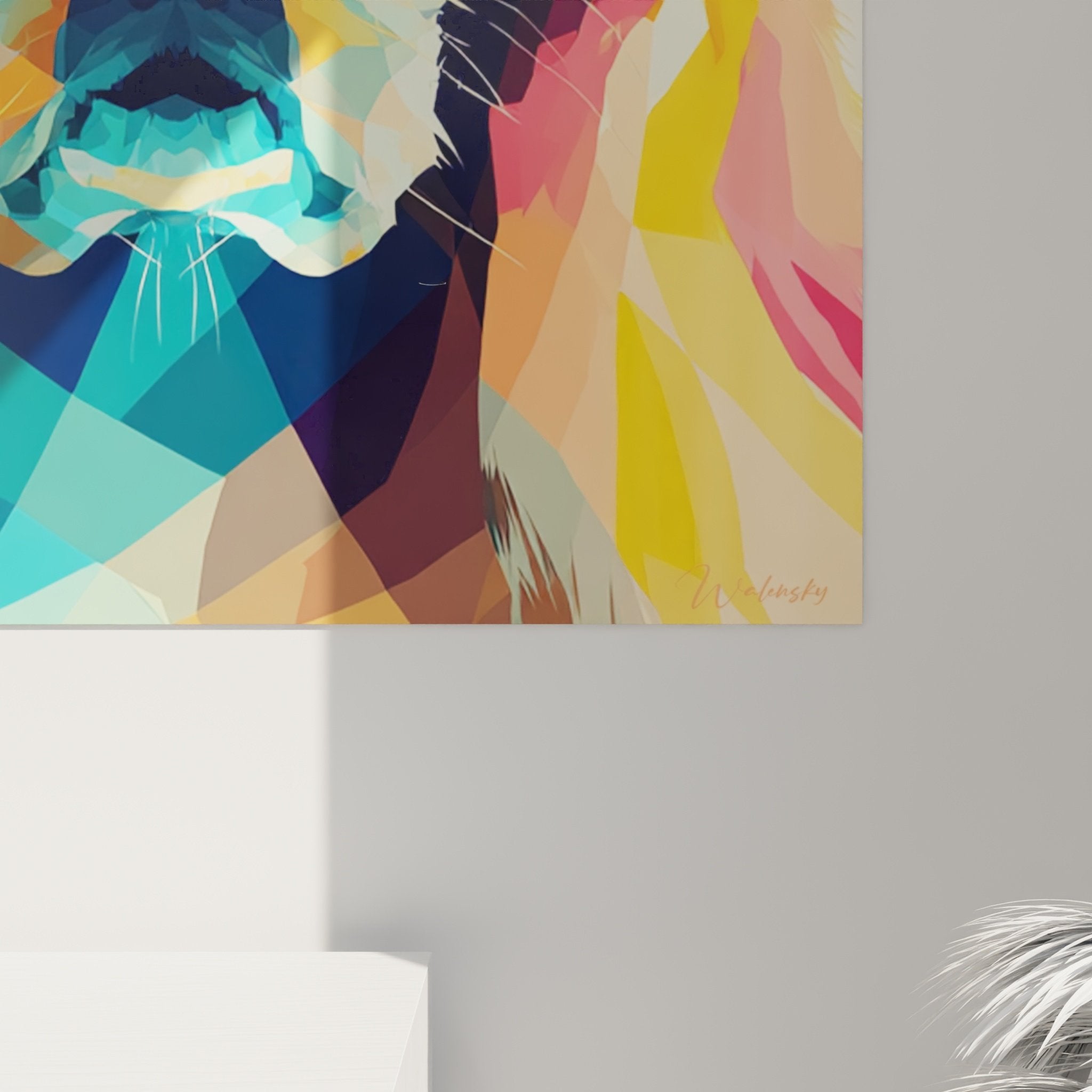 Übersicht des polygonalen American Cocker Gemäldes in einem zeitgenössischen Interieur mit Dekoration