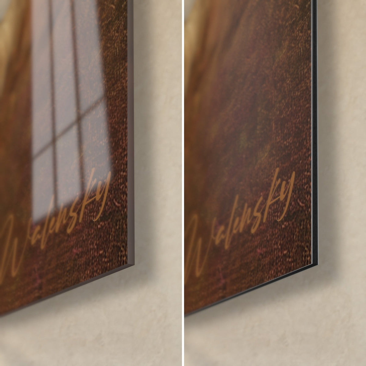 Wall art cocker spaniel portrait, bottom right corner: glossy acrylic glass reflecting the window on the left, matte brown Dibond on the right