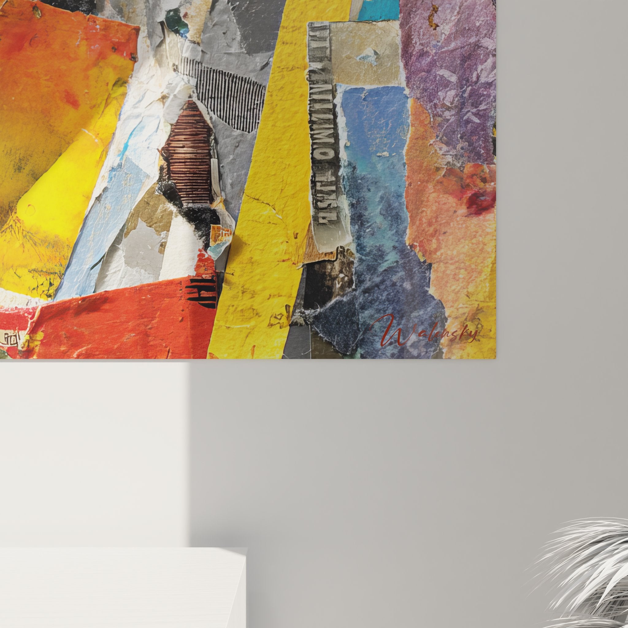 Vue ensemble tableau collage abstrait multicolore art mural moderne décoration intérieure