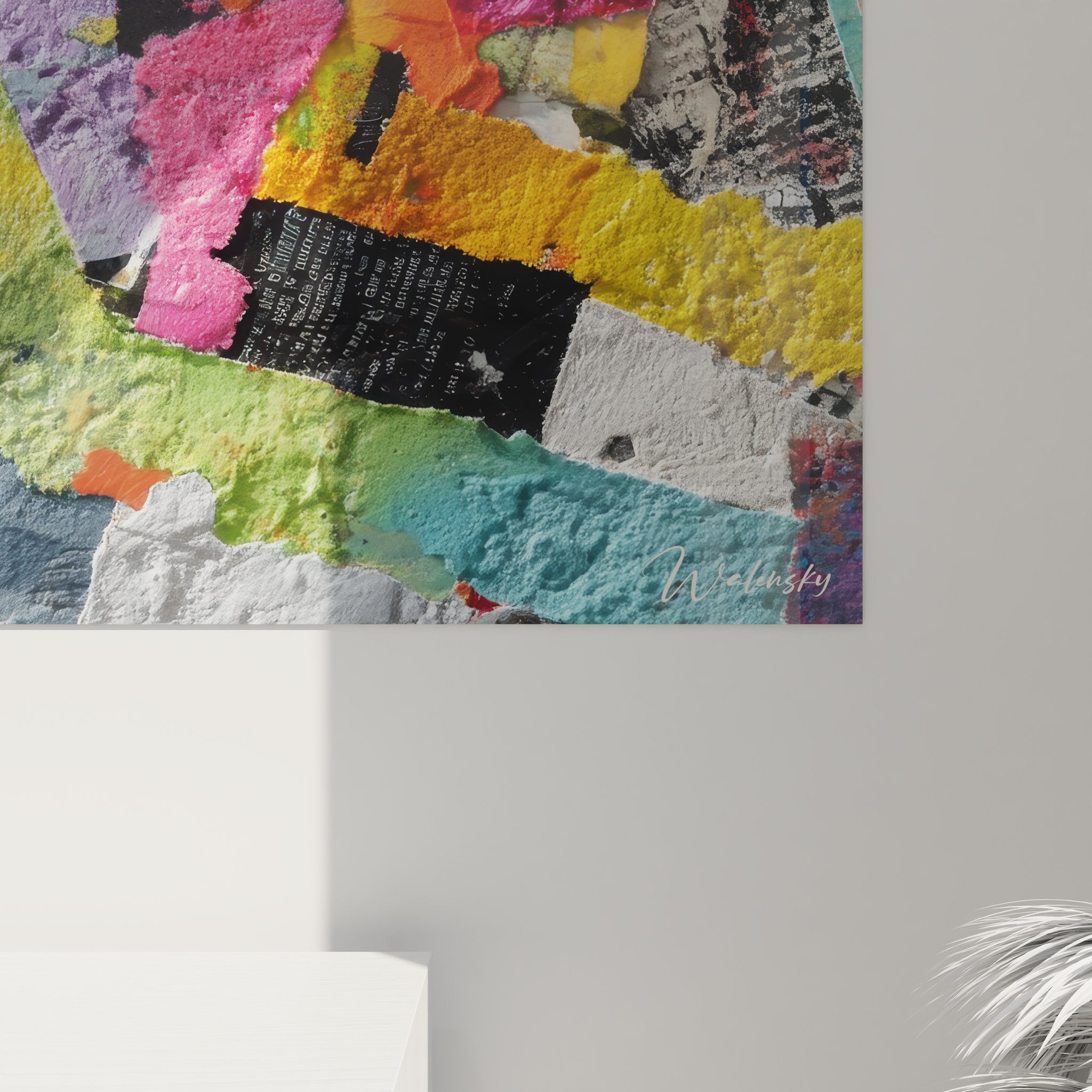 Vue ensemble tableau collage abstrait fragments colorés style art contemporain