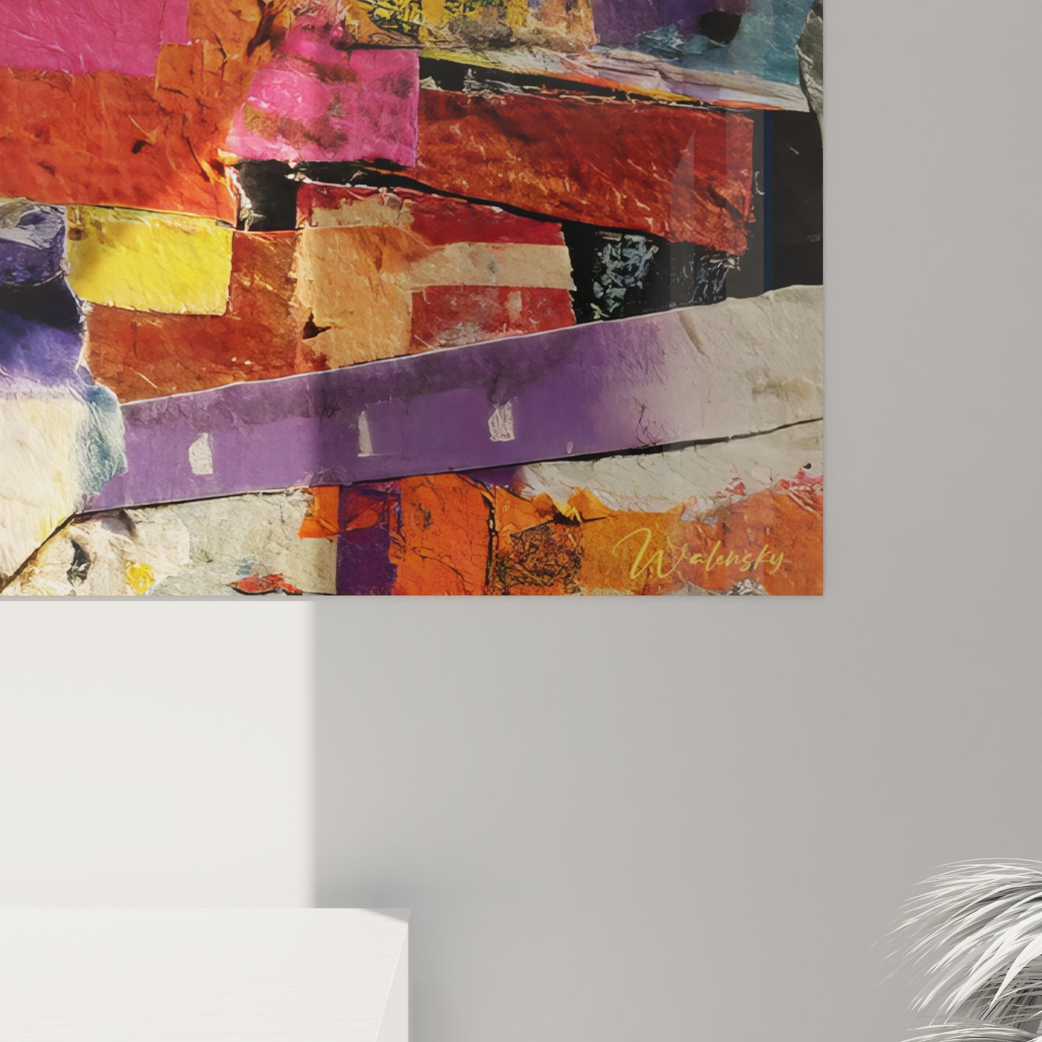 Vue d'ensemble tableau collage abstrait multicolore - œuvre d'art contemporaine murale complète