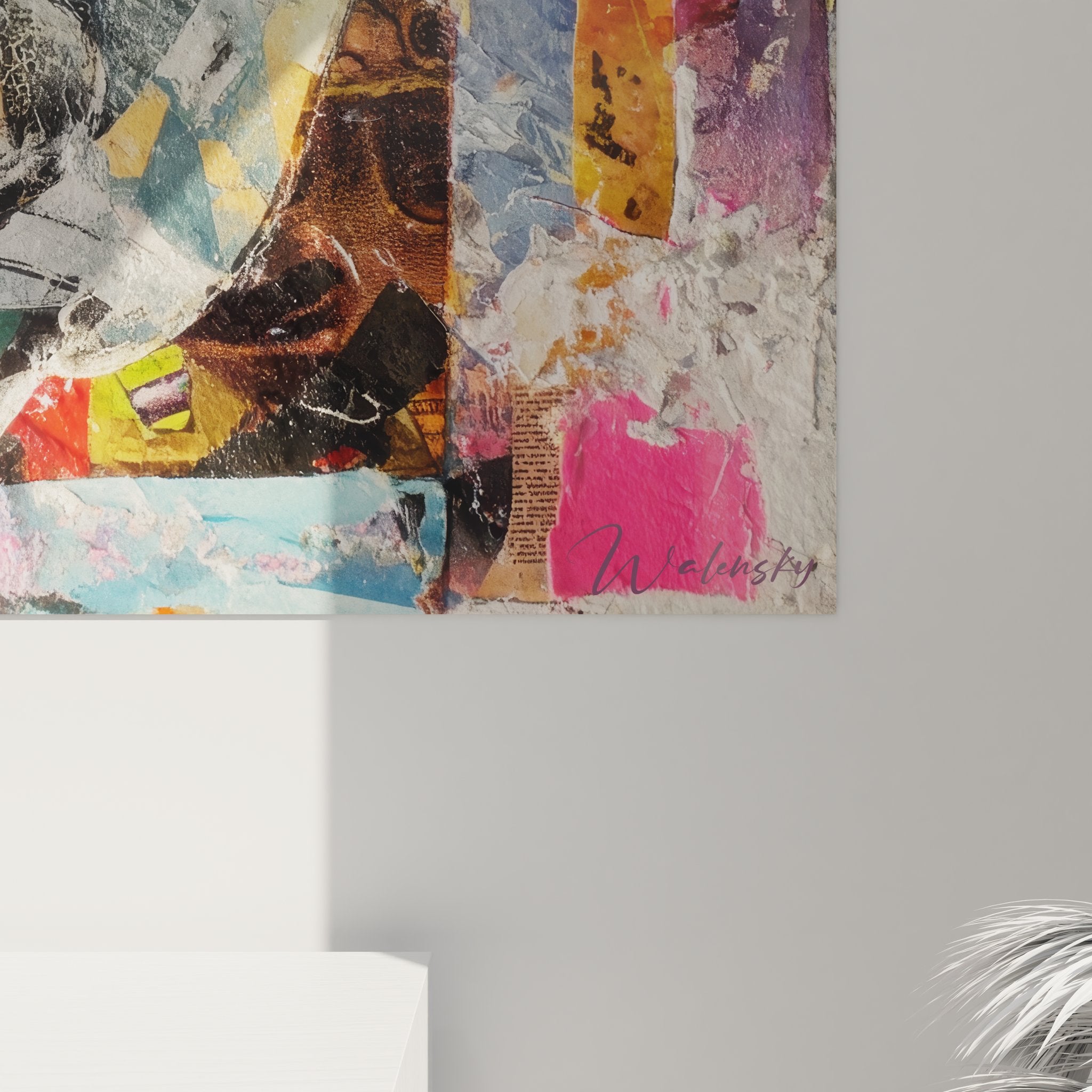 Vue d'ensemble du tableau mural collage abstrait géométrique dans décoration intérieure moderne