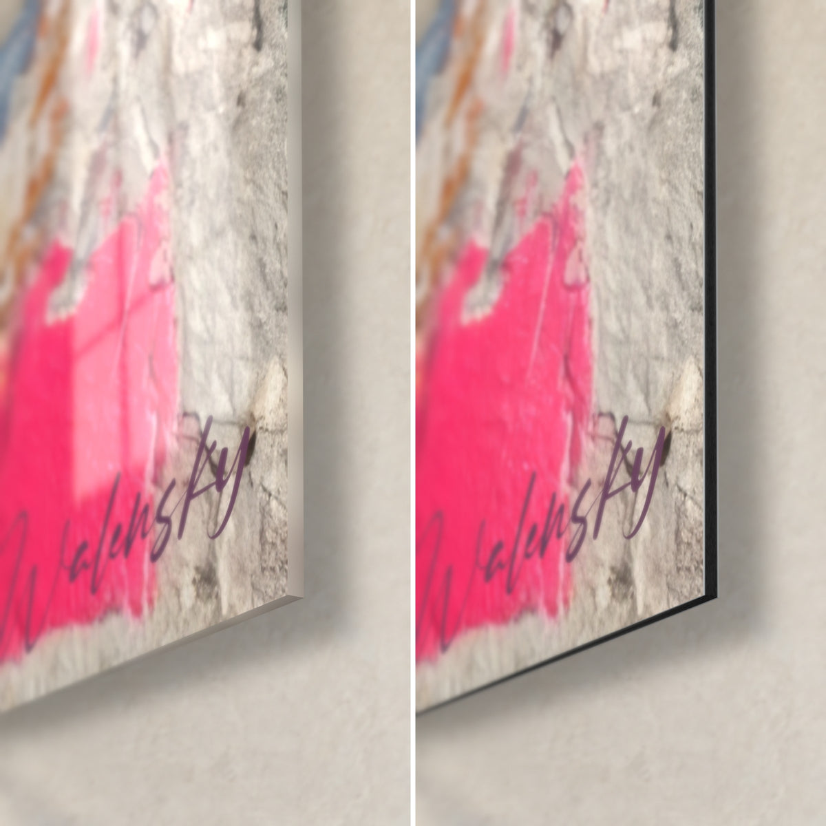 Cuadro papeles arrugados en fucsia y blanco con craquelado, firma Walensky abajo a la derecha, cristal brillante y Dibond mate, canto de 3 mm