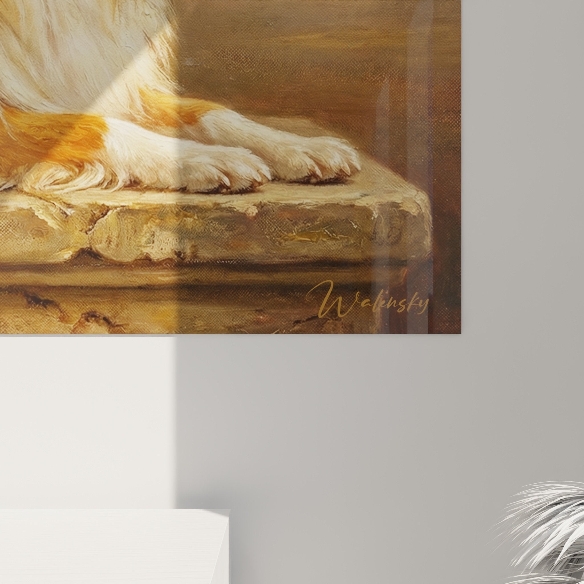 Übersichtsansicht Collage Gemälde, rotbrauner Schäferhund in goldenem Dekor, elegantes Wandwerk in Erdtönen