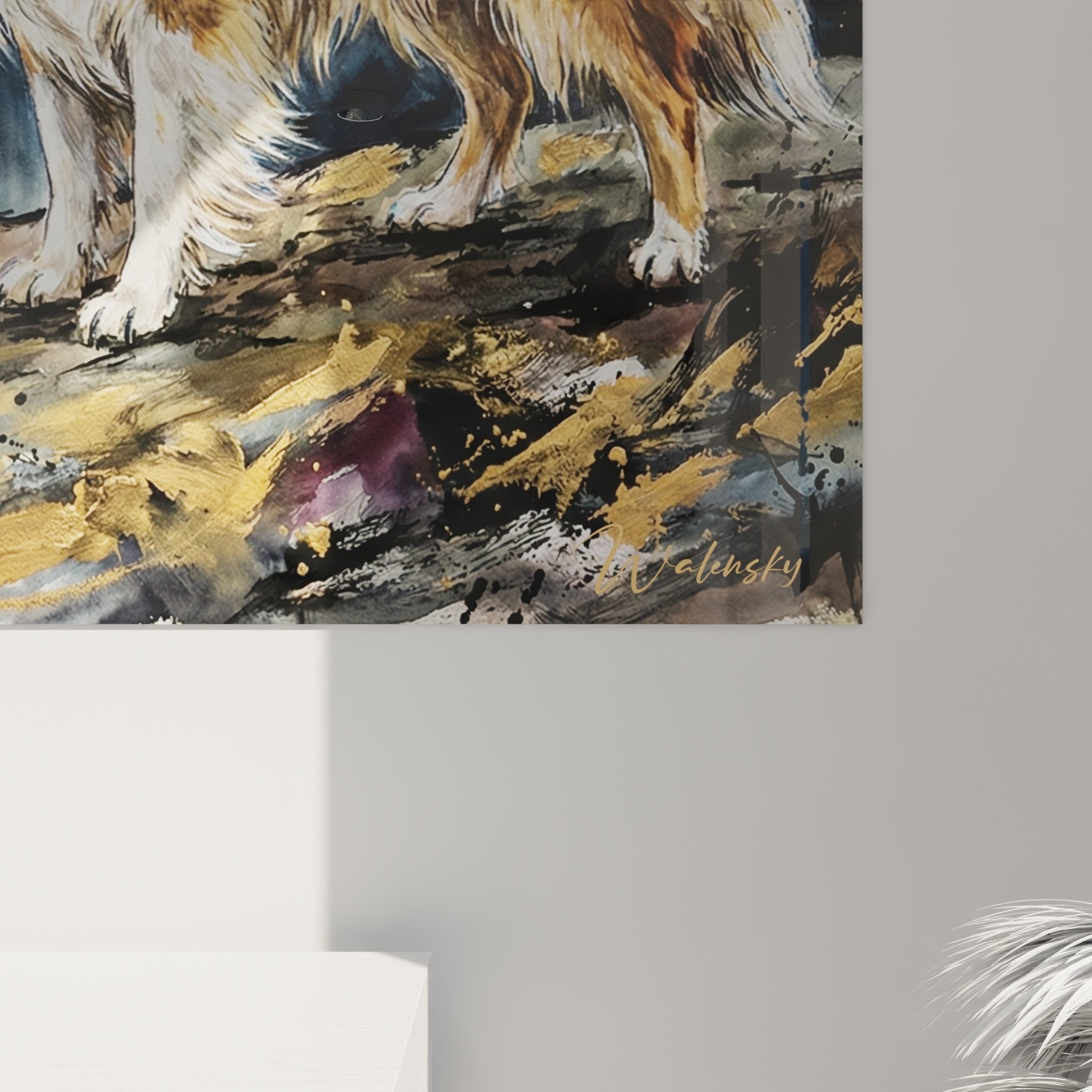 Gesamtansicht des Wandbildes Collie in modernem Interieur, das die dekorative Wirkung von warmen und kalten Farben zeigt