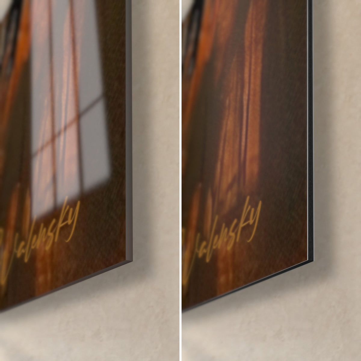 Schilderij van een collie met amberkleurige ogen, gouden handtekening op een koperbruine achtergrond, rechterbenedenhoek in glanzend glas en mat Dibond-aluminium