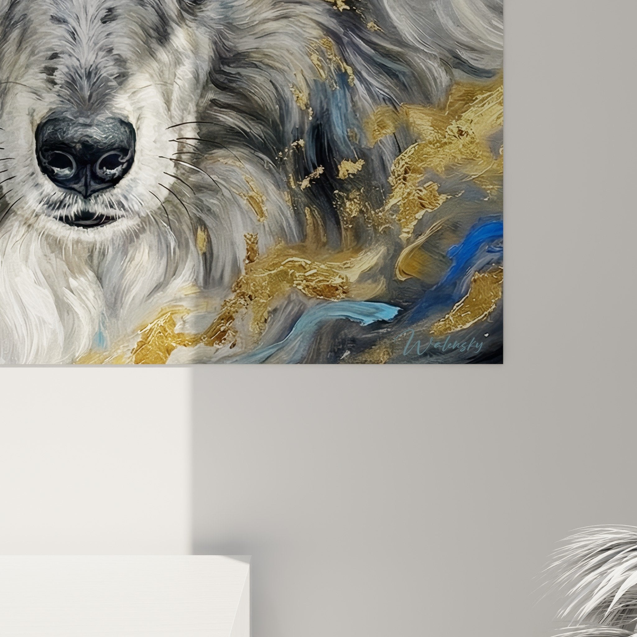 Vue d'ensemble tableau Collie fond doré dans intérieur contemporain lumineux