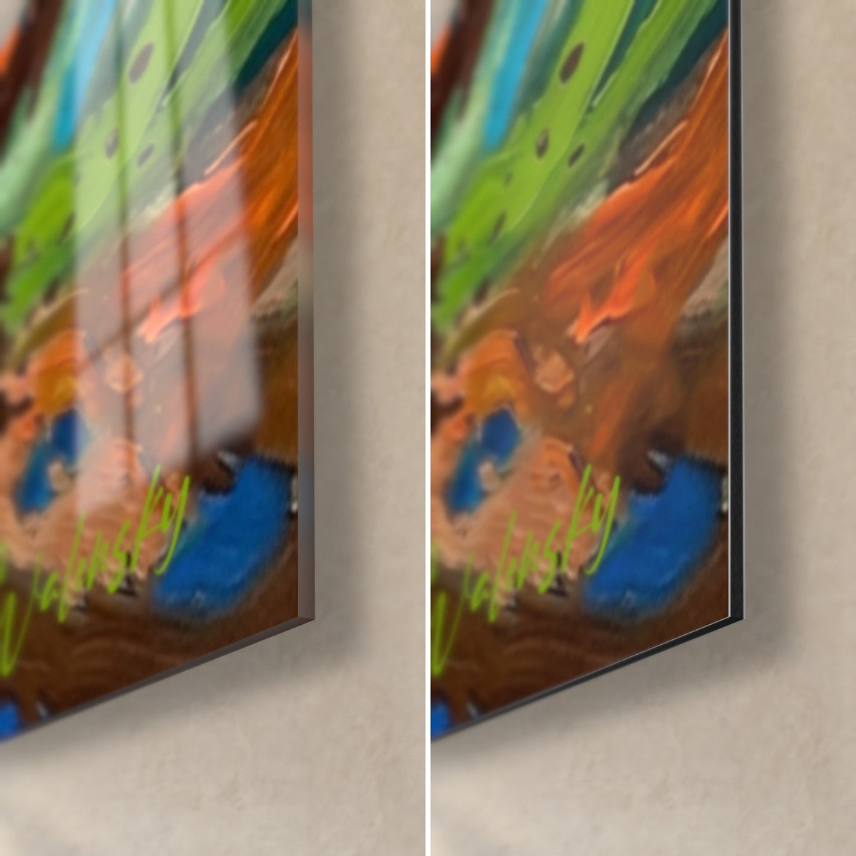 Cuadro de un collie en plena carrera, esquina inferior derecha: vidrio acrílico brillante que refleja naranja y verde, aluminio Dibond mate, canto fino