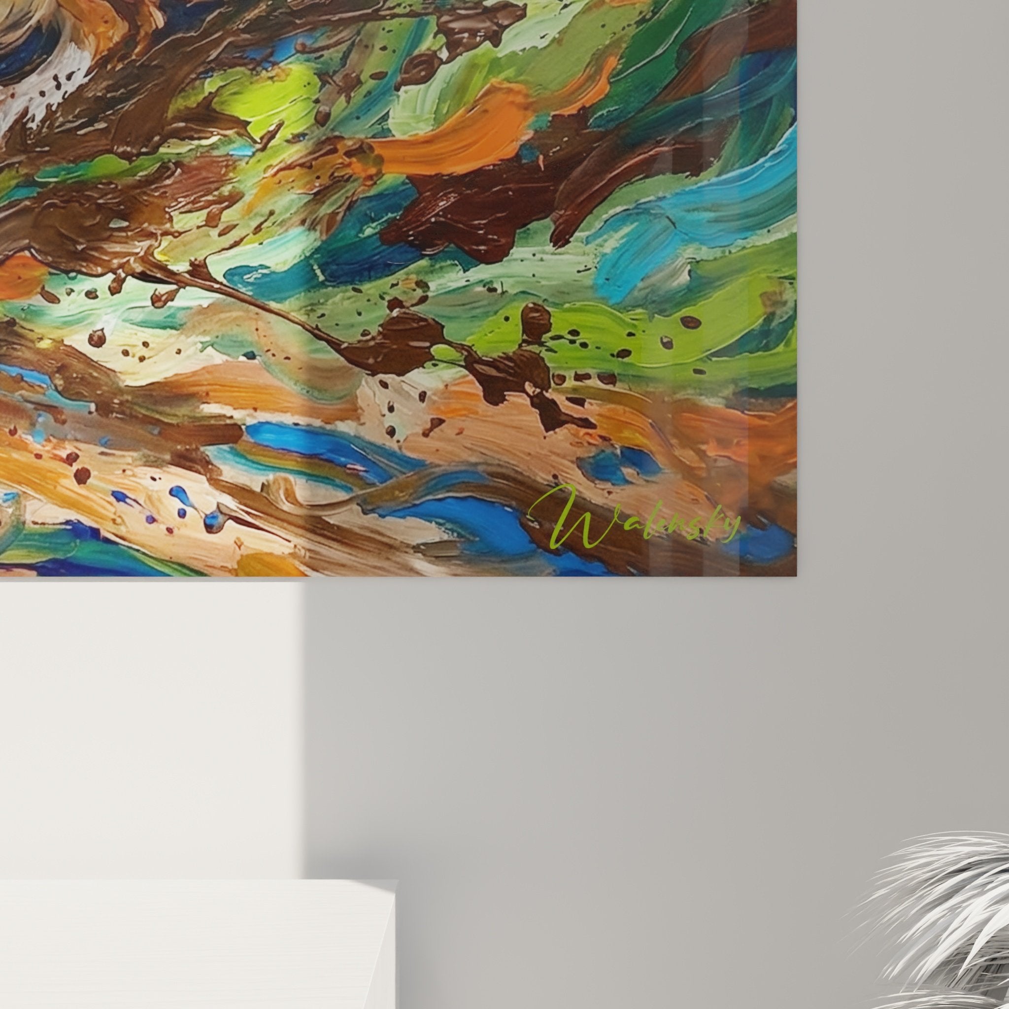 Vue d'ensemble du tableau collie en mouvement dans salon moderne avec mobilier contemporain et decoration coloree