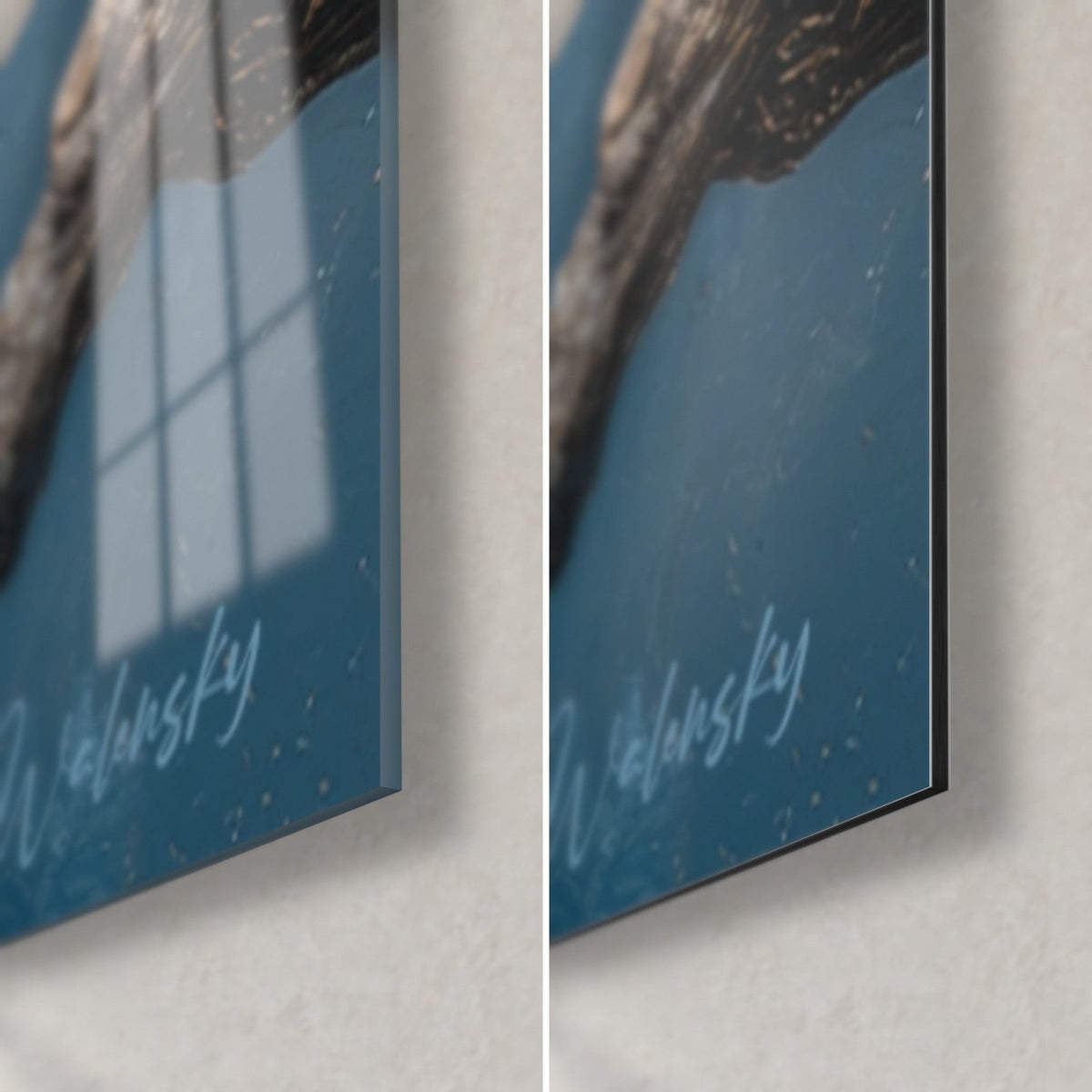 Gemälde Rabe mit dunklem Gefieder, untere rechte Ecke: glänzendes Acrylglas links, mattes blaues Dibond rechts, 3 mm Kante