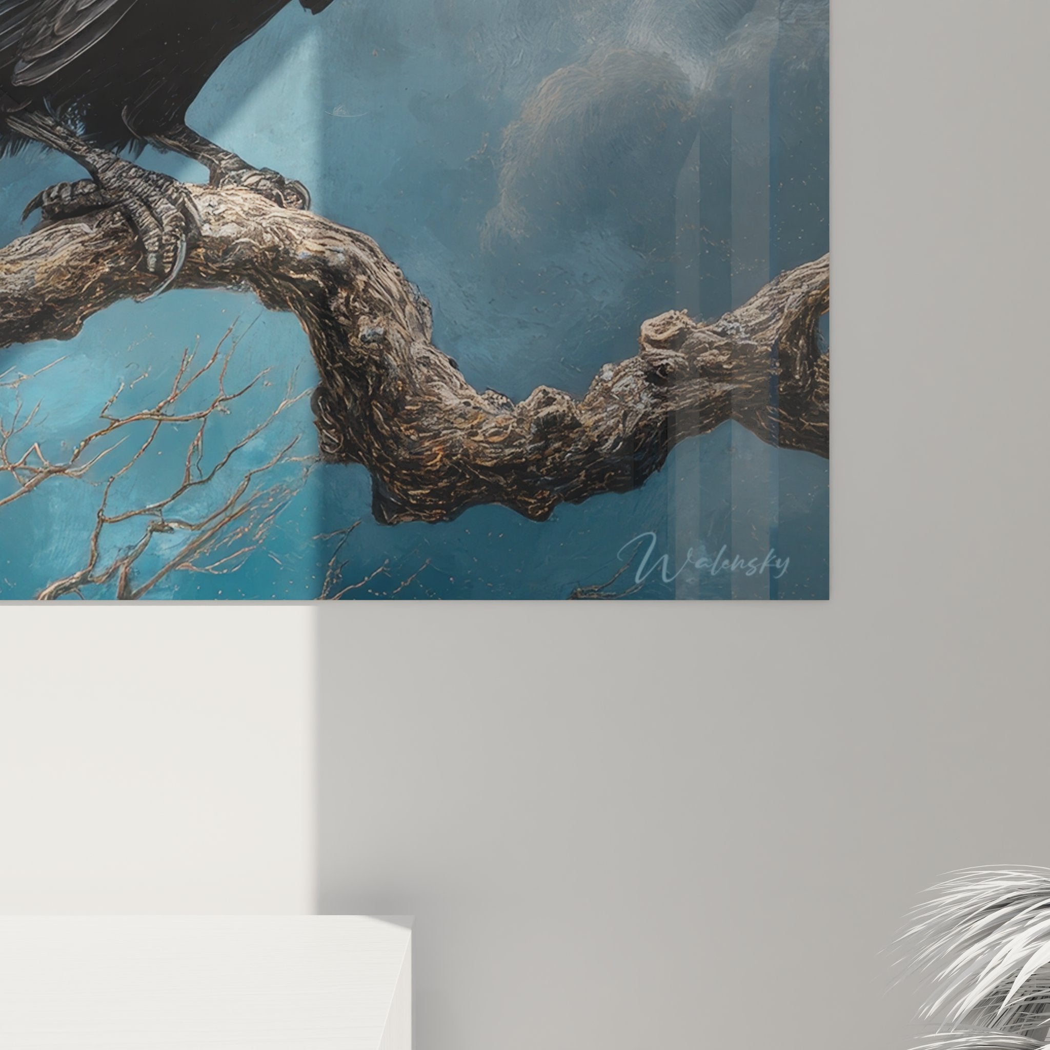 Vue ensemble tableau corbeau majestueux avec branches mortes et nuages dramatiques