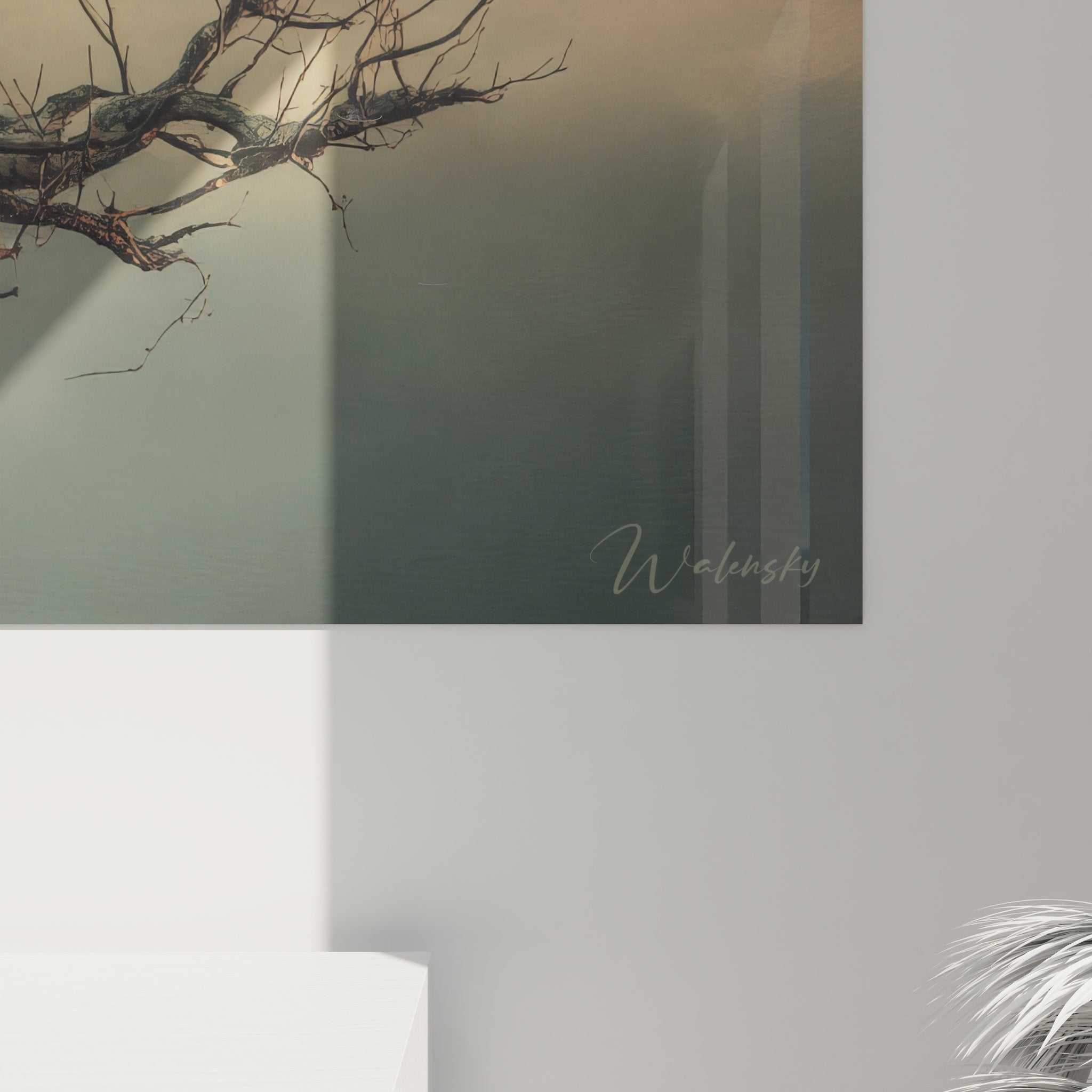 Vue ensemble tableau corbeau crépuscule montrant composition complète oiseau et paysage