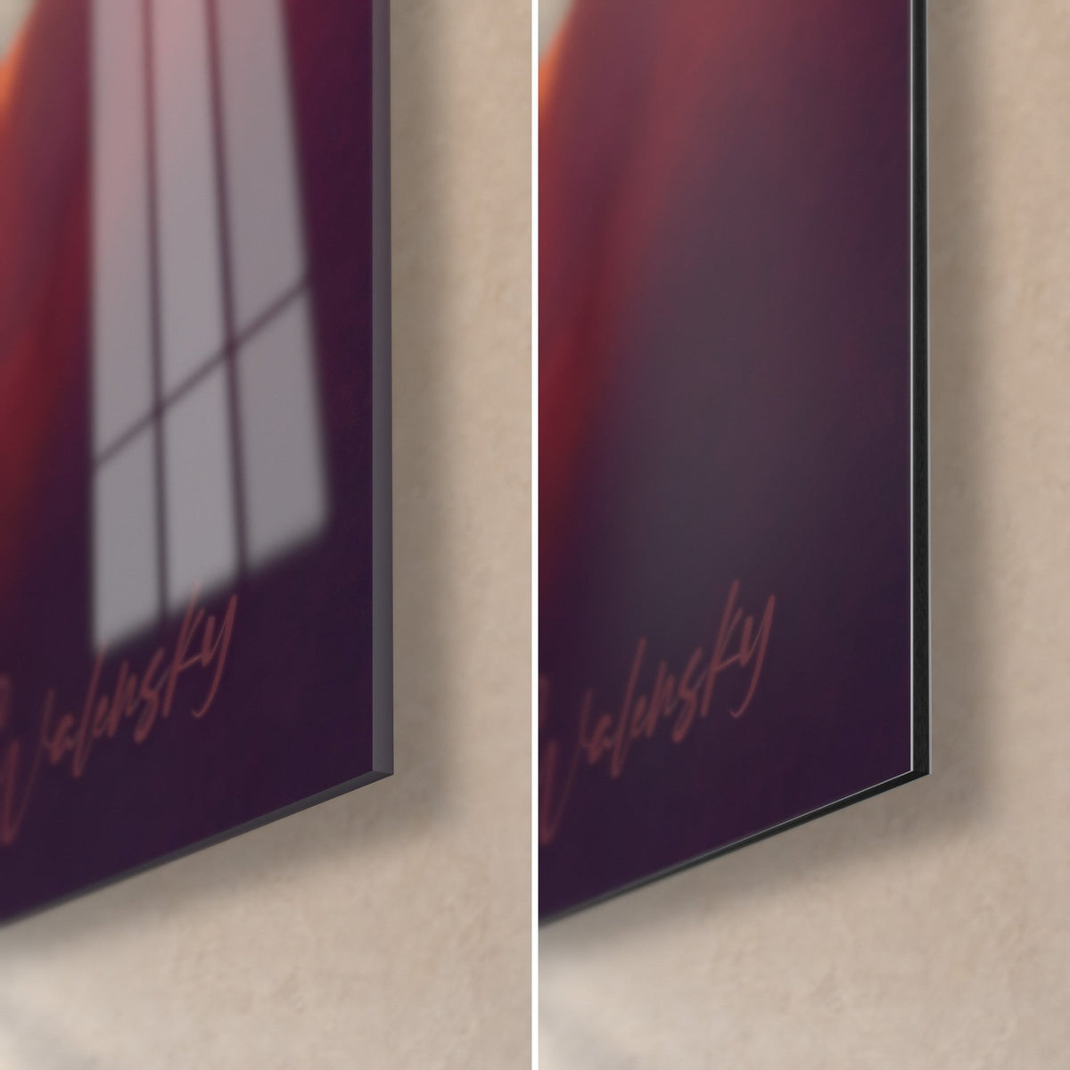 Wall art of a red corgi, bottom right corner: glossy acrylic glass on the left, matte brushed Dibond aluminum on the right, slim edge, pink signature
