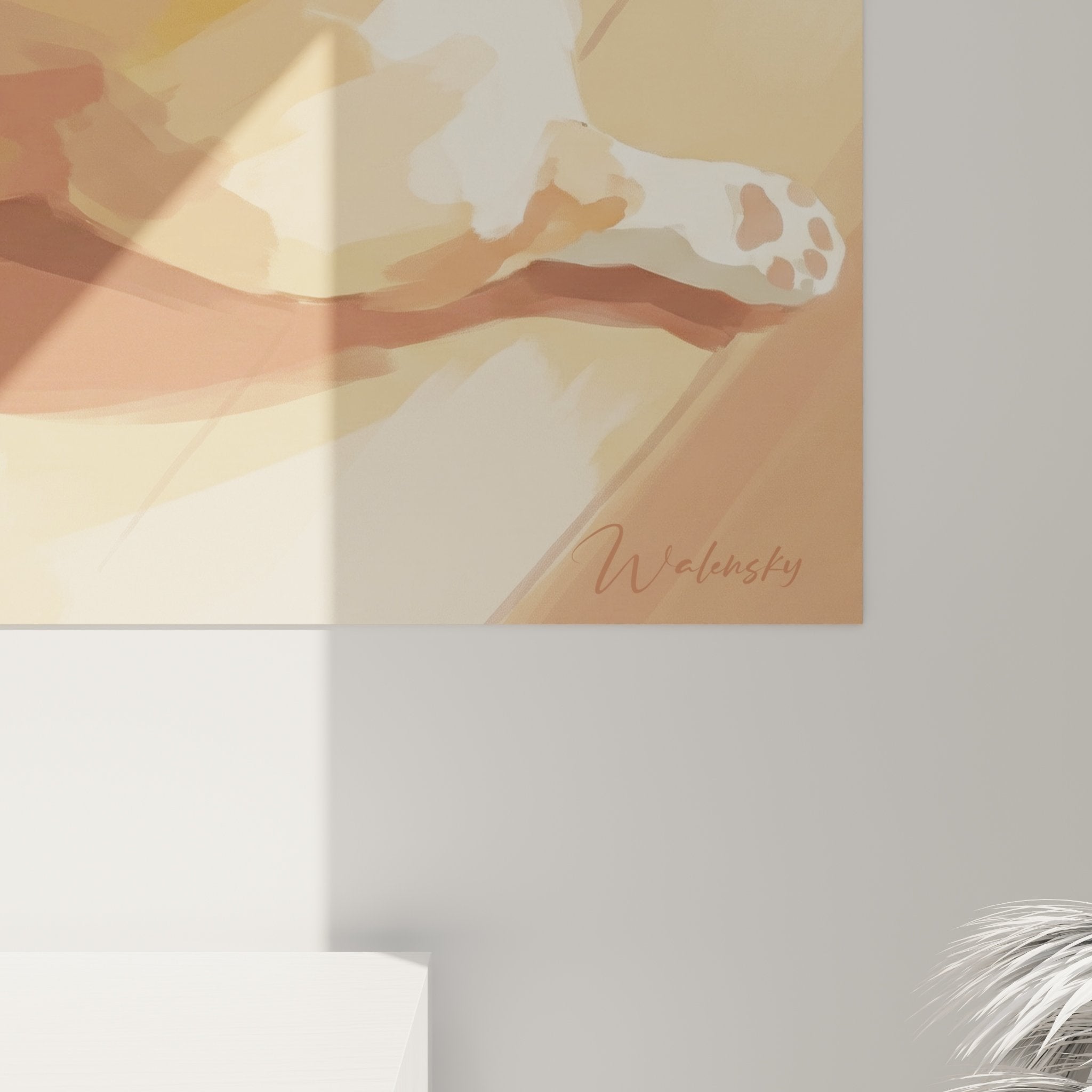 Gesamtansicht eines Corgi-Gemäldes in warmen Tönen in einem modernen, gemütlichen Wohninterieur