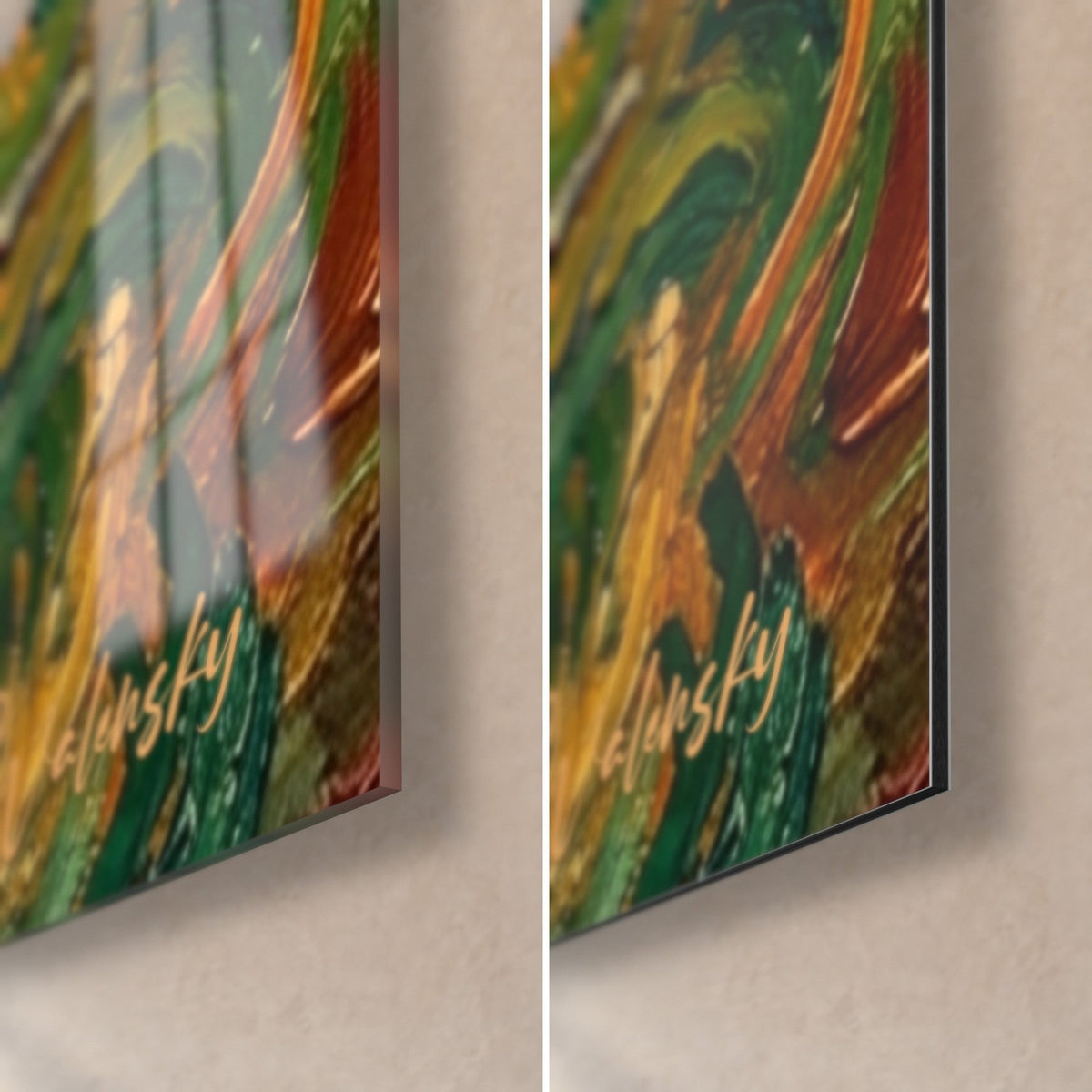 Wall art of a corgi duo in bold brushstrokes, bottom right corner: glossy acrylic glass and matte black Dibond, slim edge