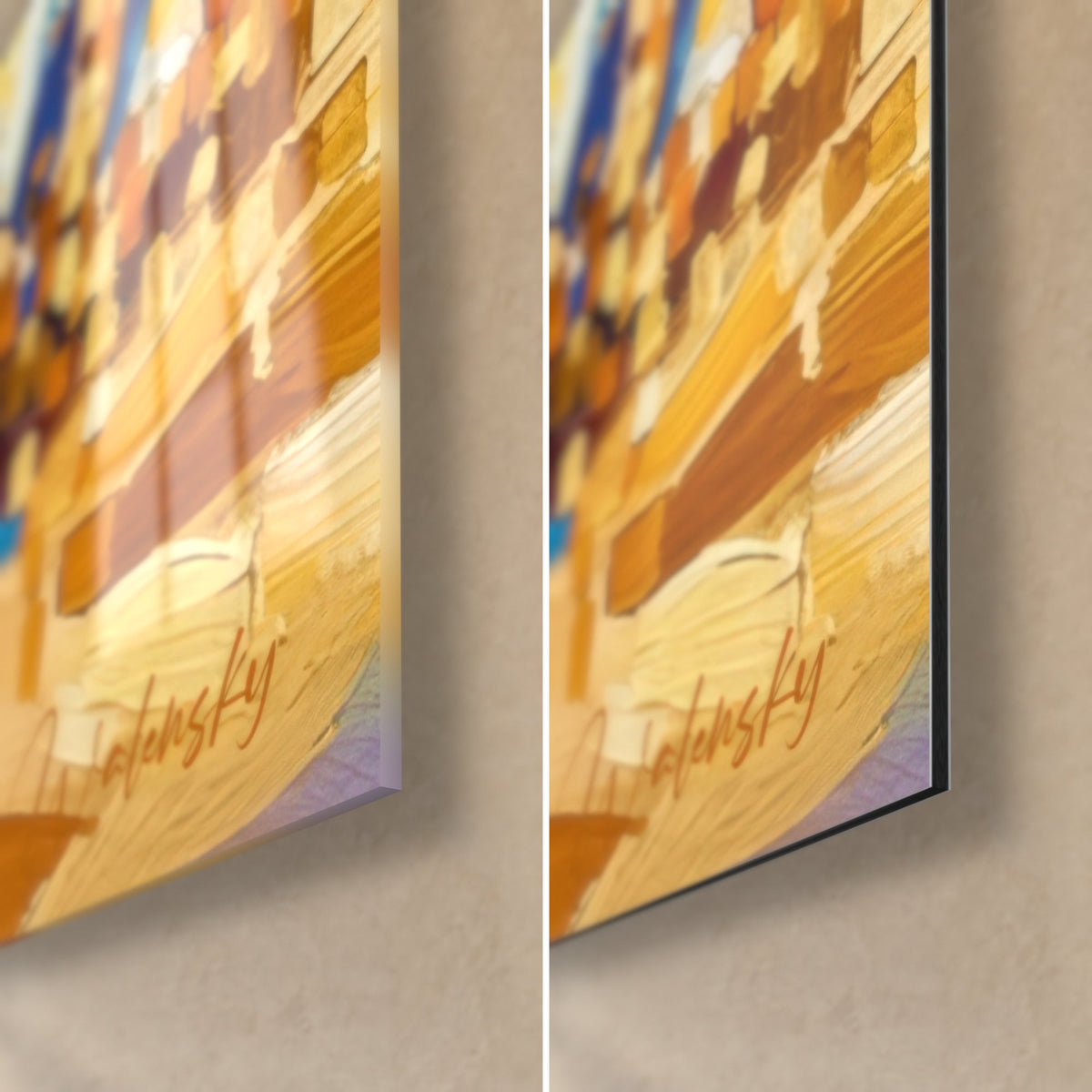 Cuadro corgis alegres, esquina inferior derecha en cristal acrílico brillante y aluminio Dibond mate, arena ocre y azul, canto fino de 3 mm visible