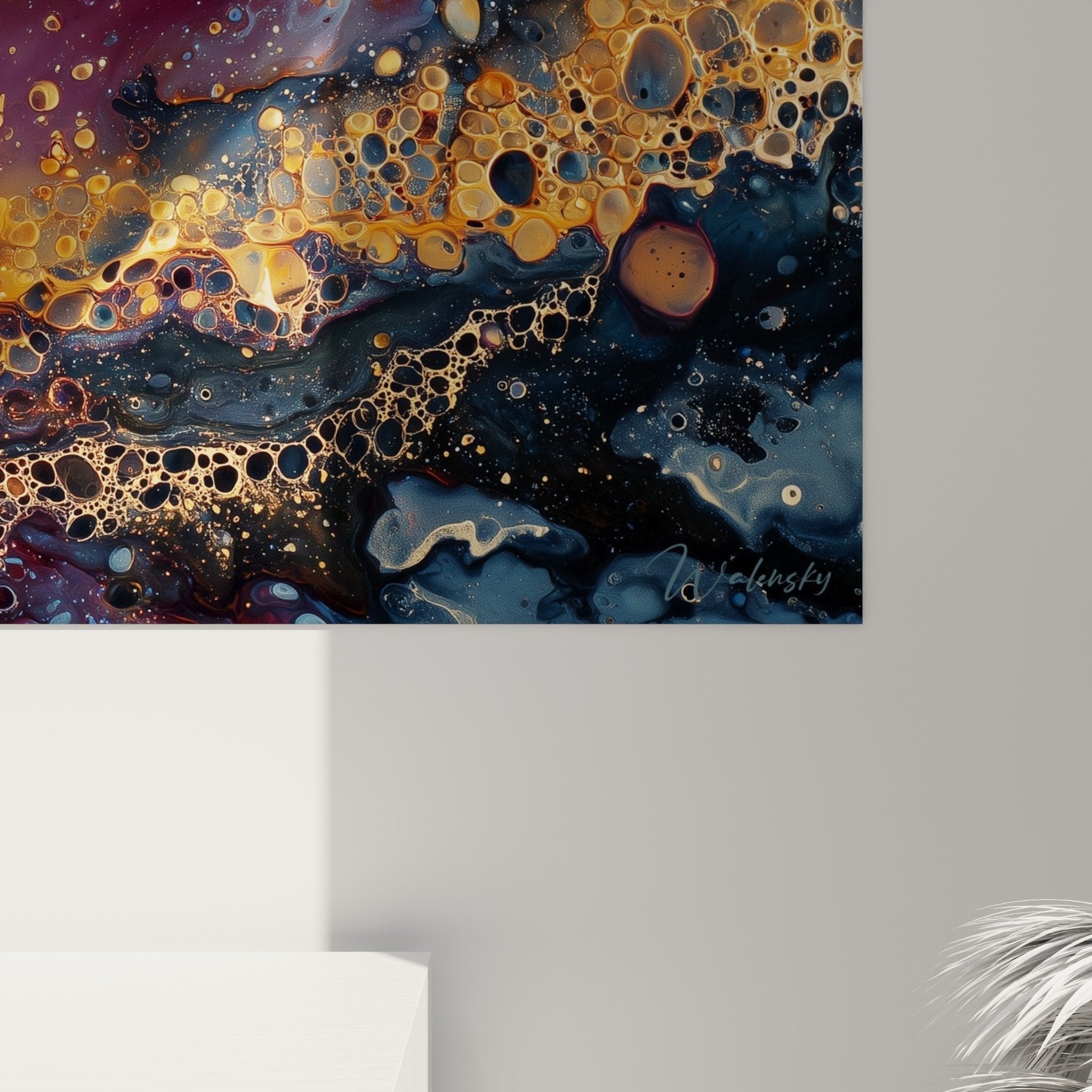 Overall view cosmic explosion orange purple wall art feng shui southeast wood living room decor