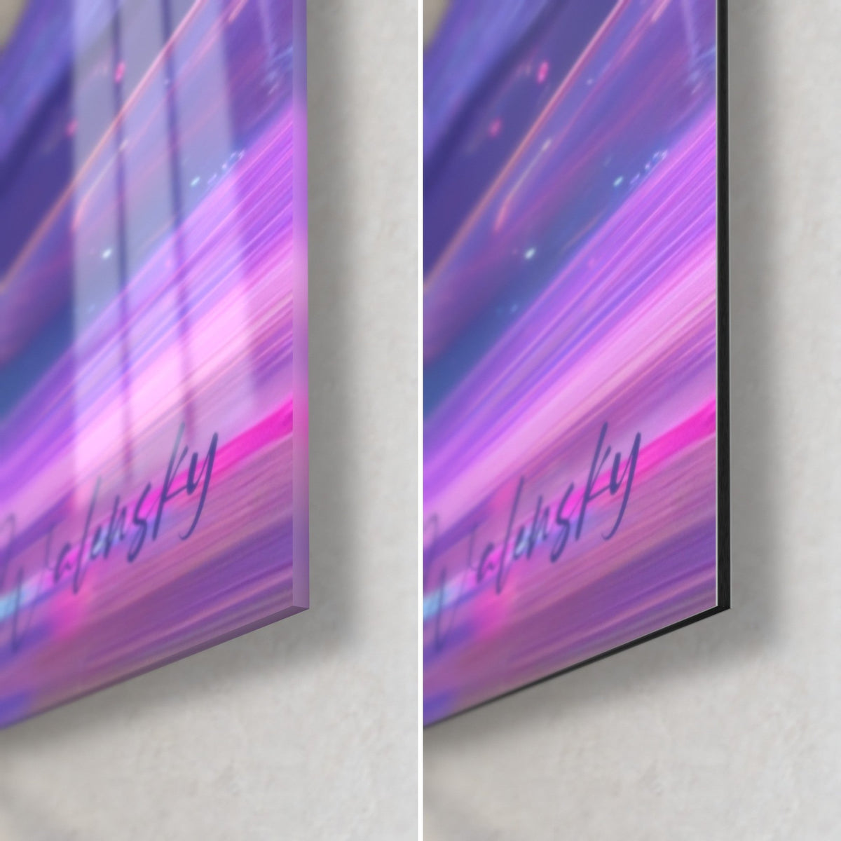 Wall art of cosmic architecture, bottom right corner: glossy glass on the left, matte black Dibond on the right, magenta and violet lines