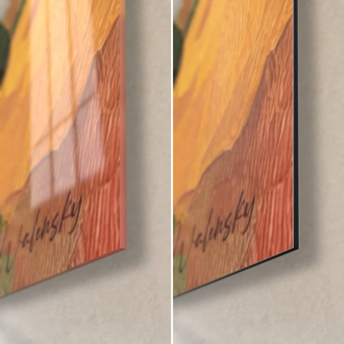 Gemälde Mittelmeerweiler, unten rechts: ockerfarbene und orangefarbene Laufspur, Signatur Walensky, glänzendes Glas und mattes Dibond
