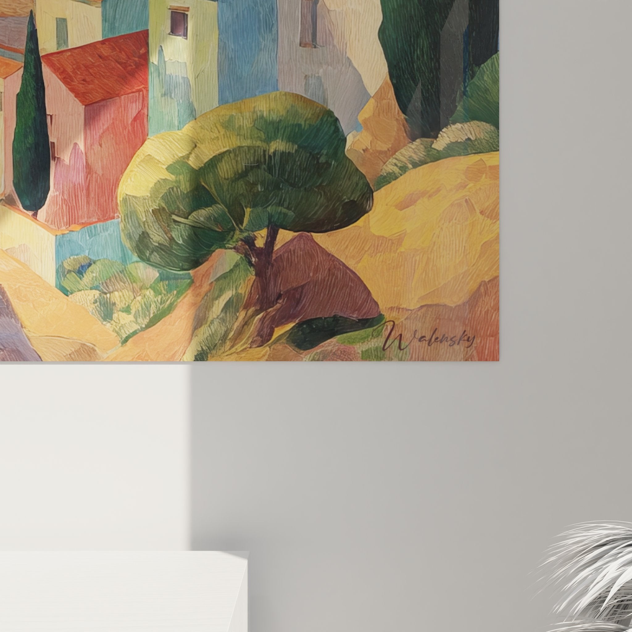 Vue ensemble tableau côte d'azur stylisée avec architecture provençale et paysage marin