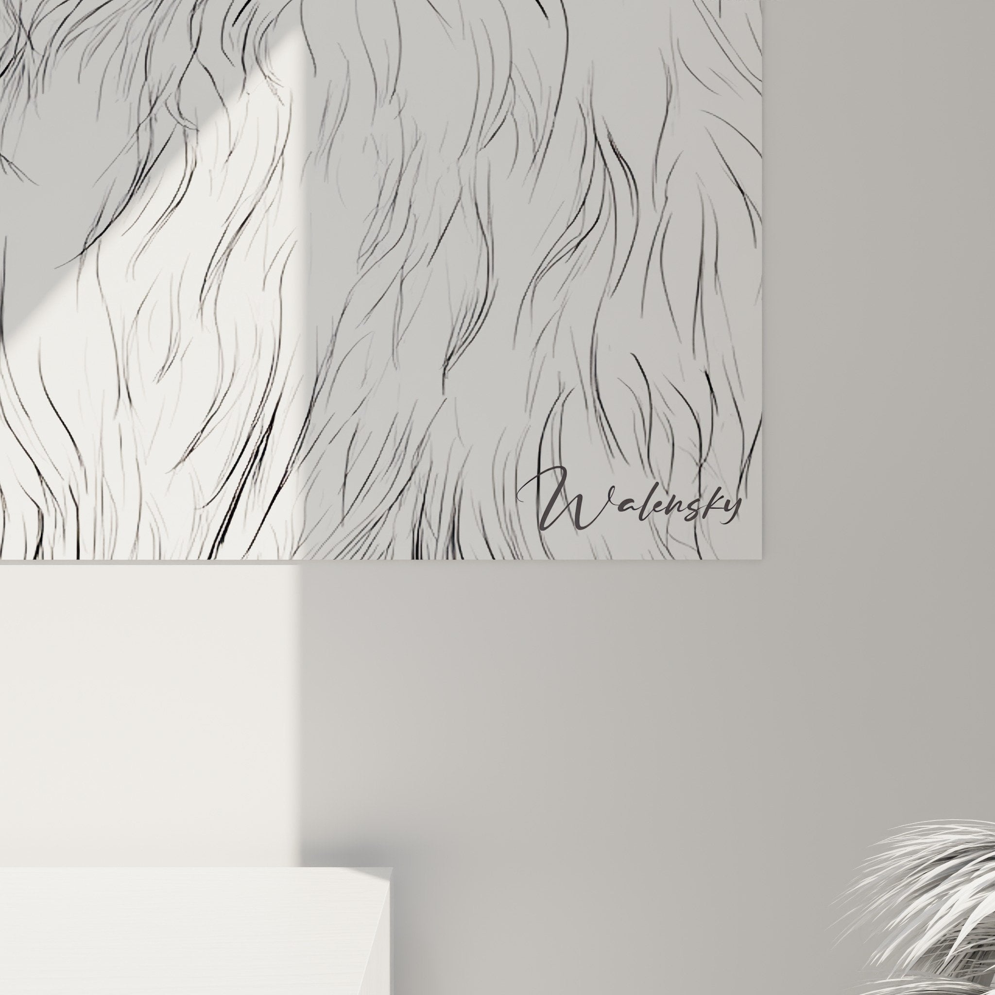 Vue d'ensemble du tableau portrait Coton de Tuléar blanc dans intérieur contemporain lumineux