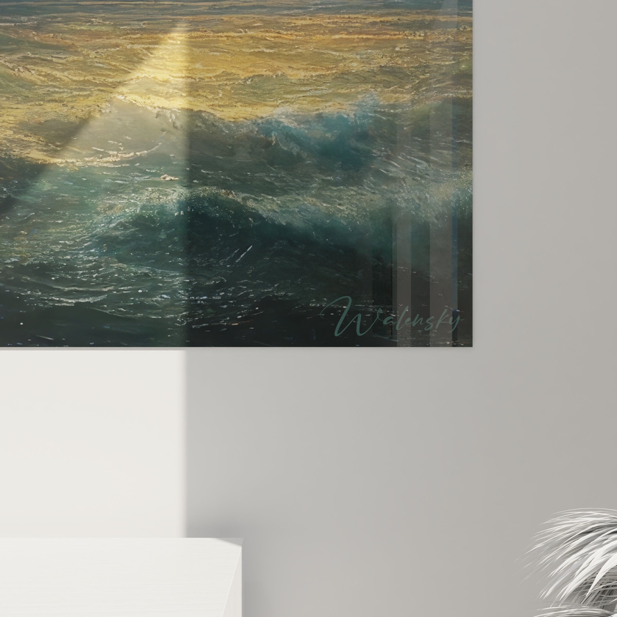 Vue ensemble tableau coucher soleil mer agitée - peinture marine décorative murale complète