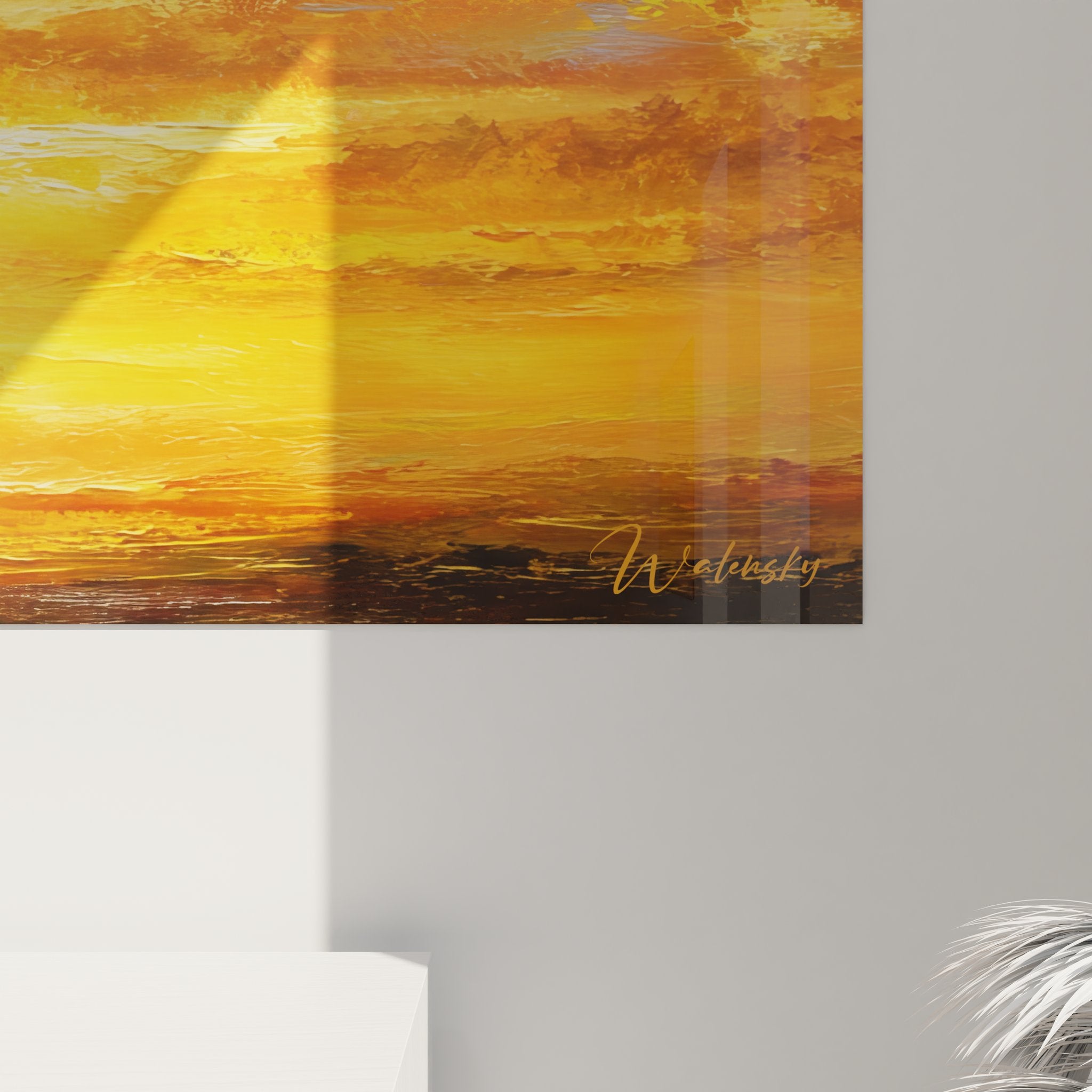 Vue ensemble tableau coucher de soleil océanique format panoramique tons orangés