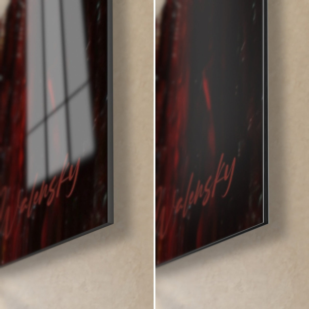 Wall art with rust and burgundy blades under a white crest, bottom right corner: glossy glass on the left, matte Dibond, 3 mm edge