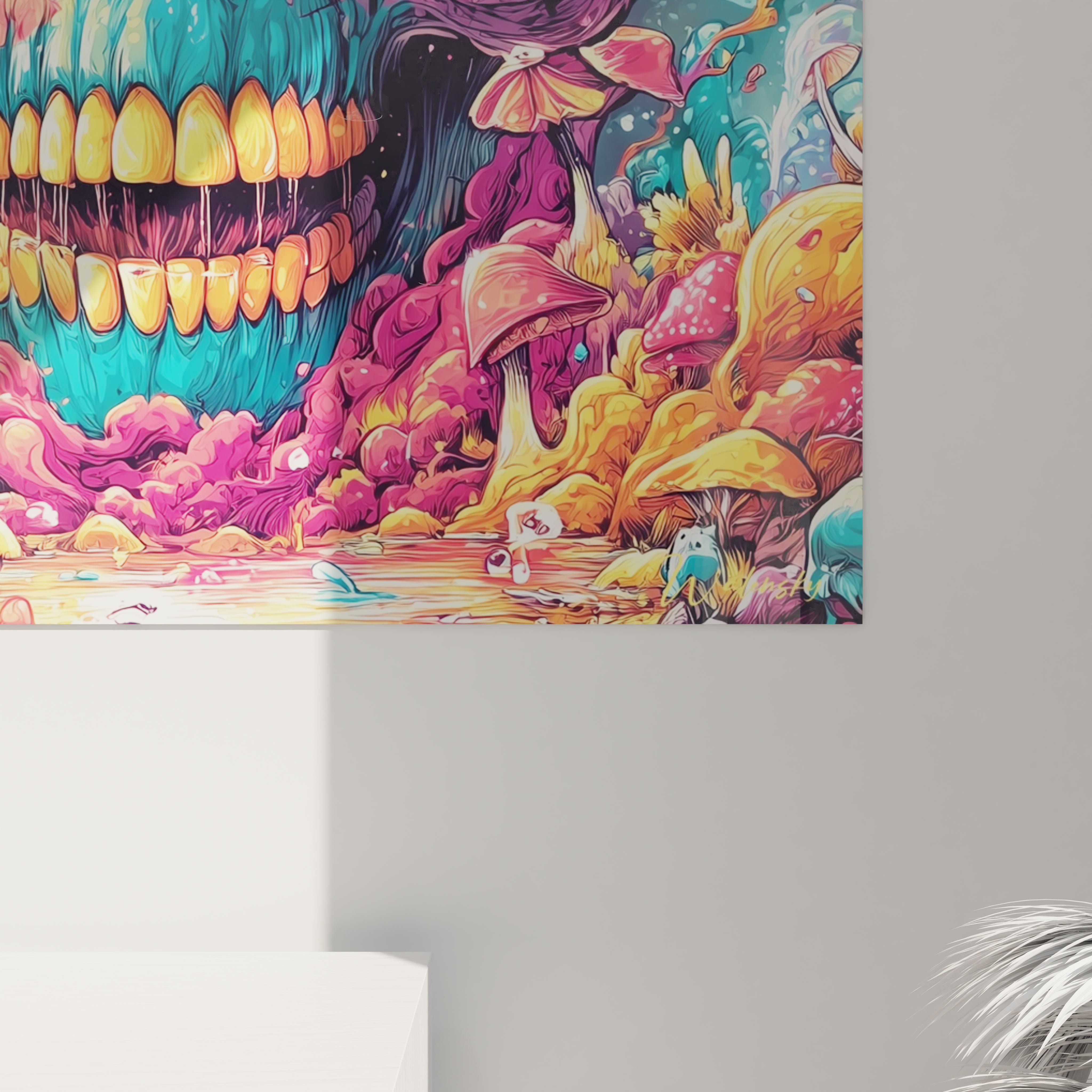 Vue ensemble tableau crâne psychédélique avec champignons fantastiques et nuages roses déco murale